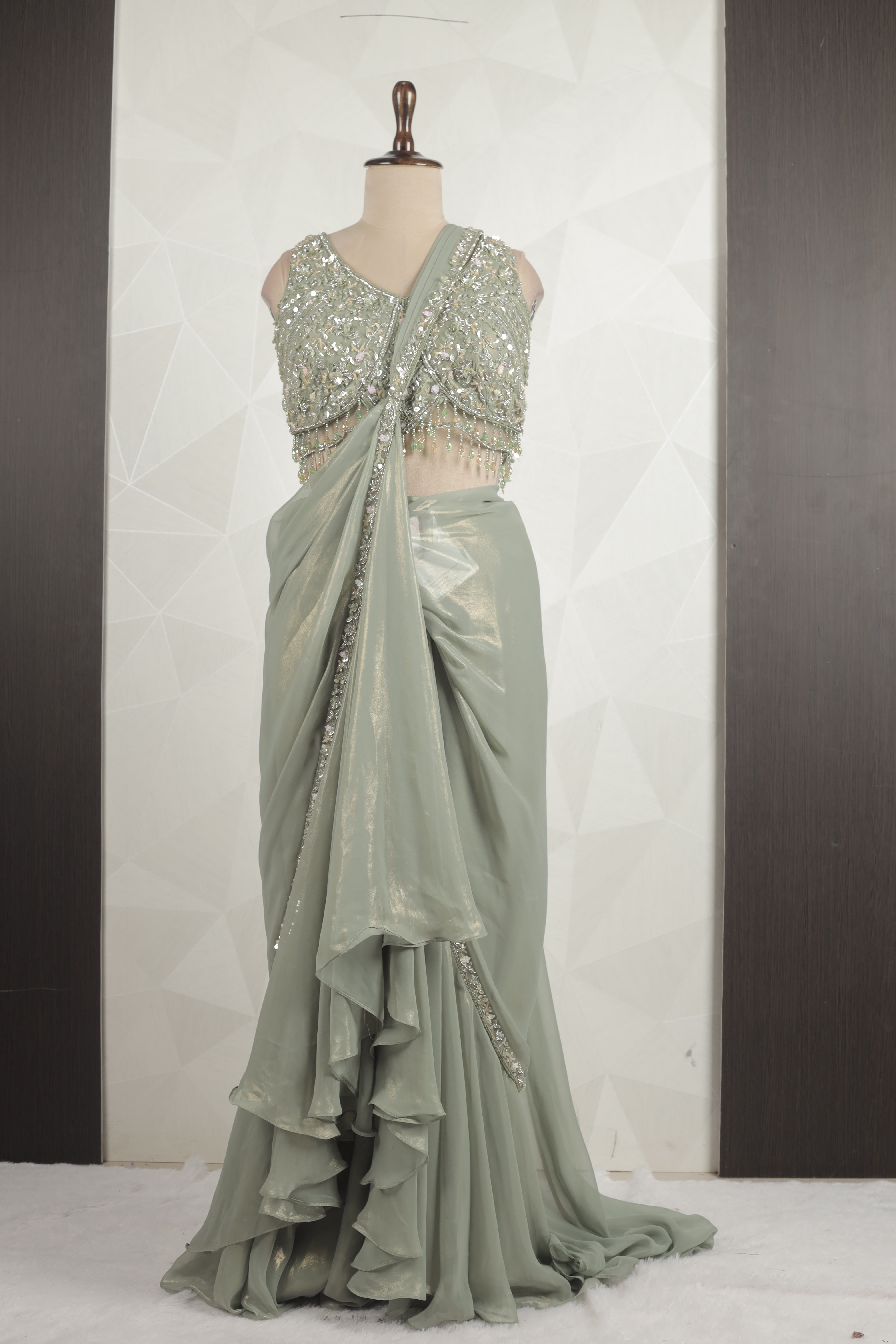 Stunning Green Draped Saree With Ready Sequins And Diamond Blouse