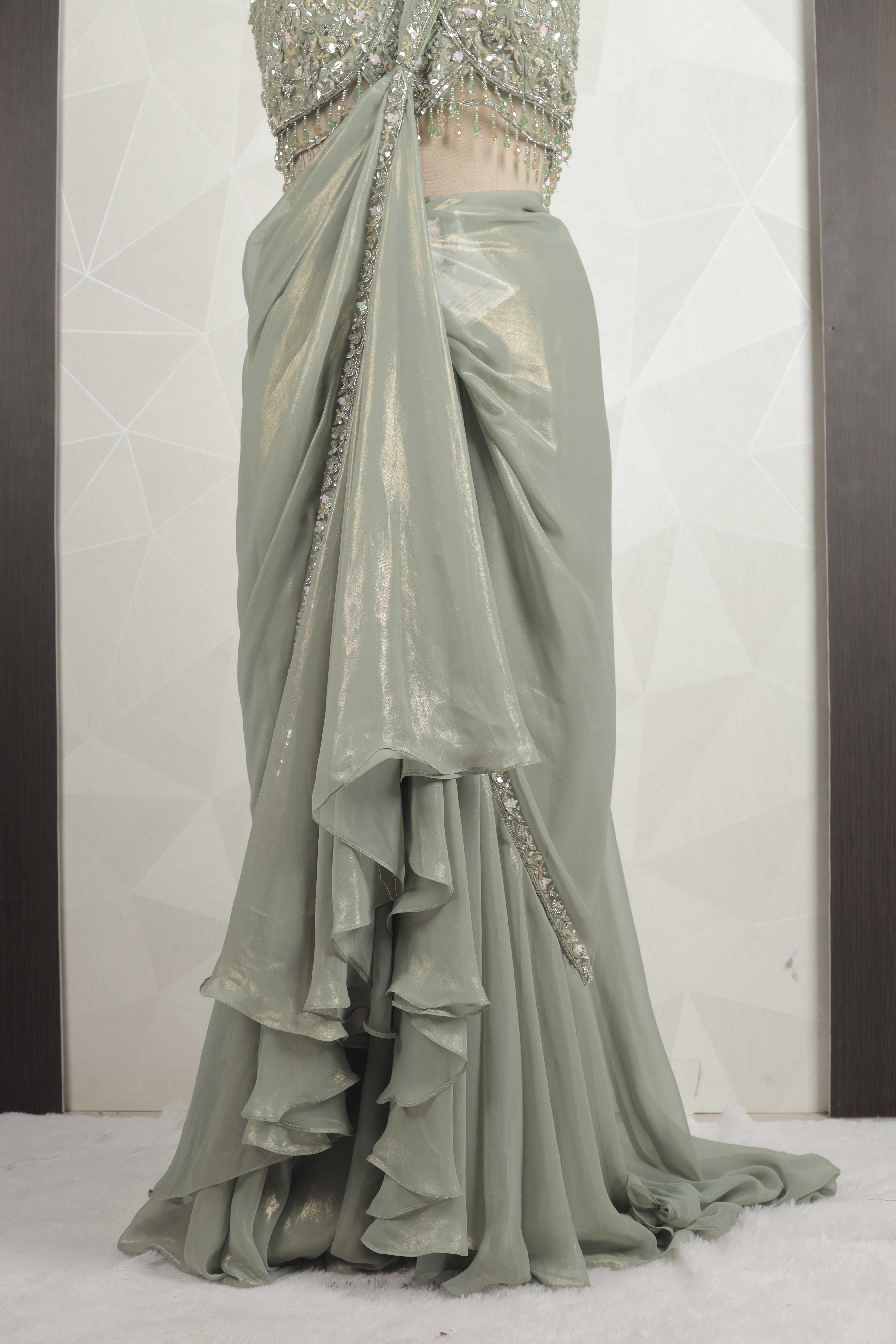 Stunning Green Draped Saree With Ready Sequins And Diamond Blouse