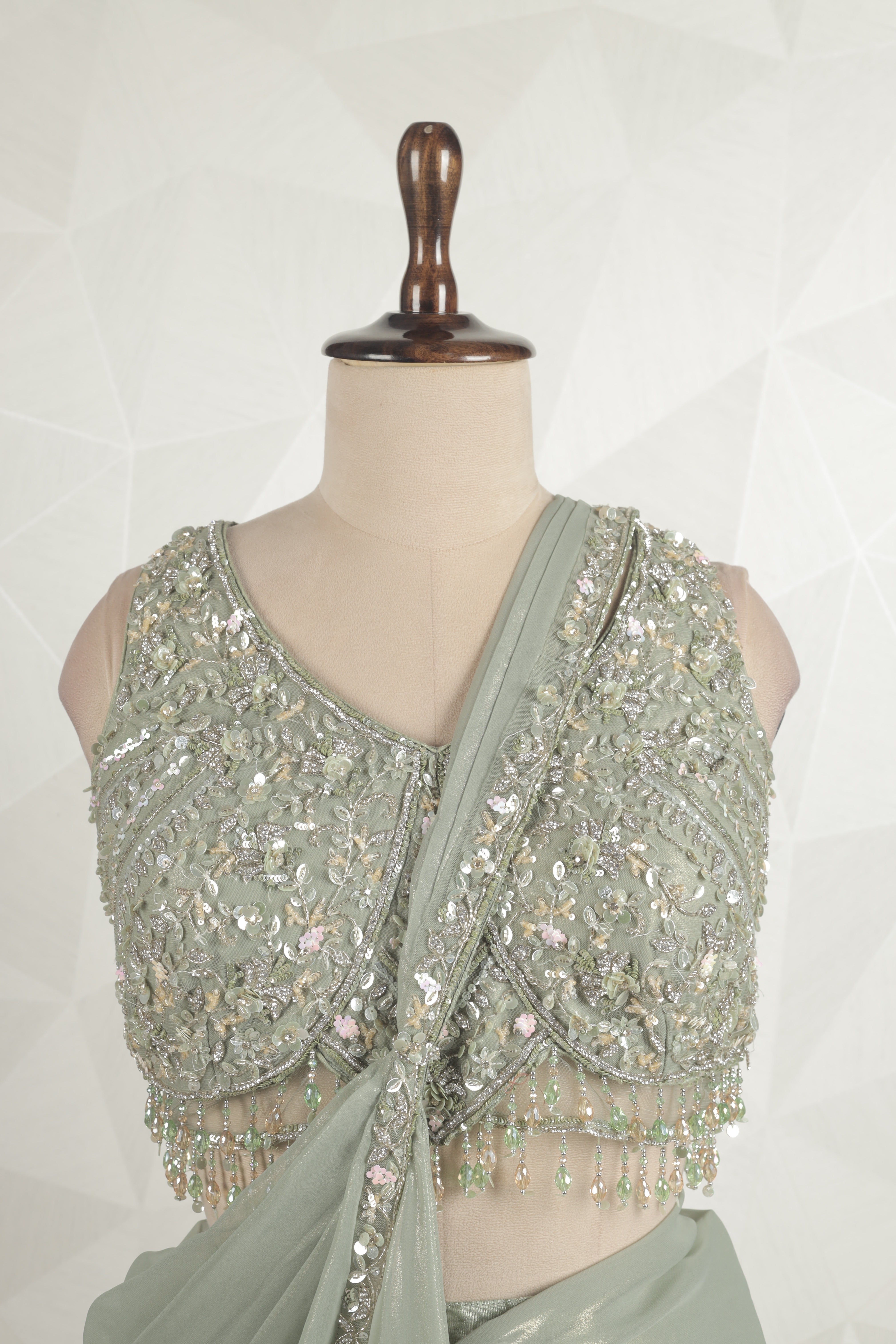 Stunning Green Draped Saree With Ready Sequins And Diamond Blouse