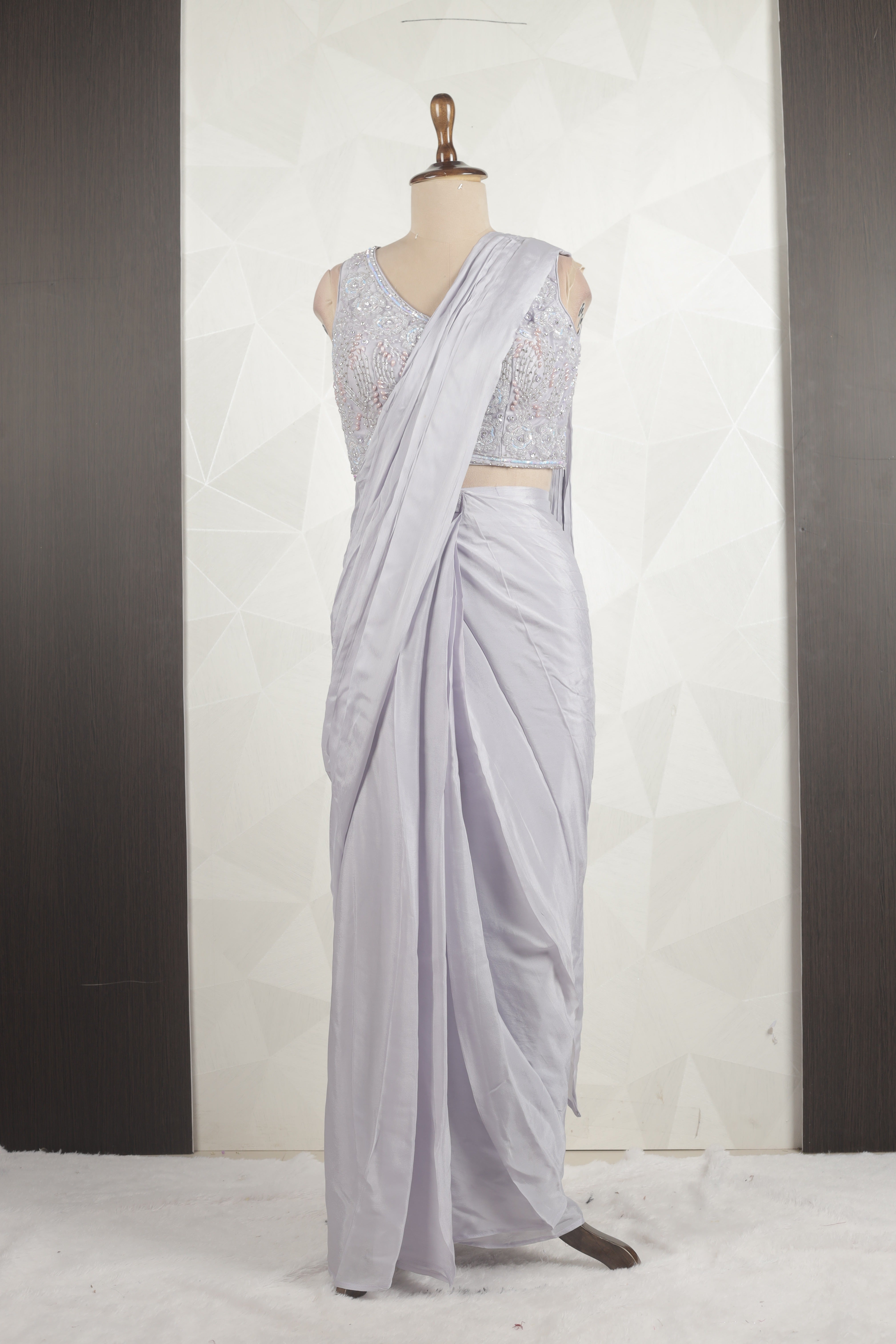 Gorgeous lavender Draped Saree With Ready Sequins And Diamond Blouse