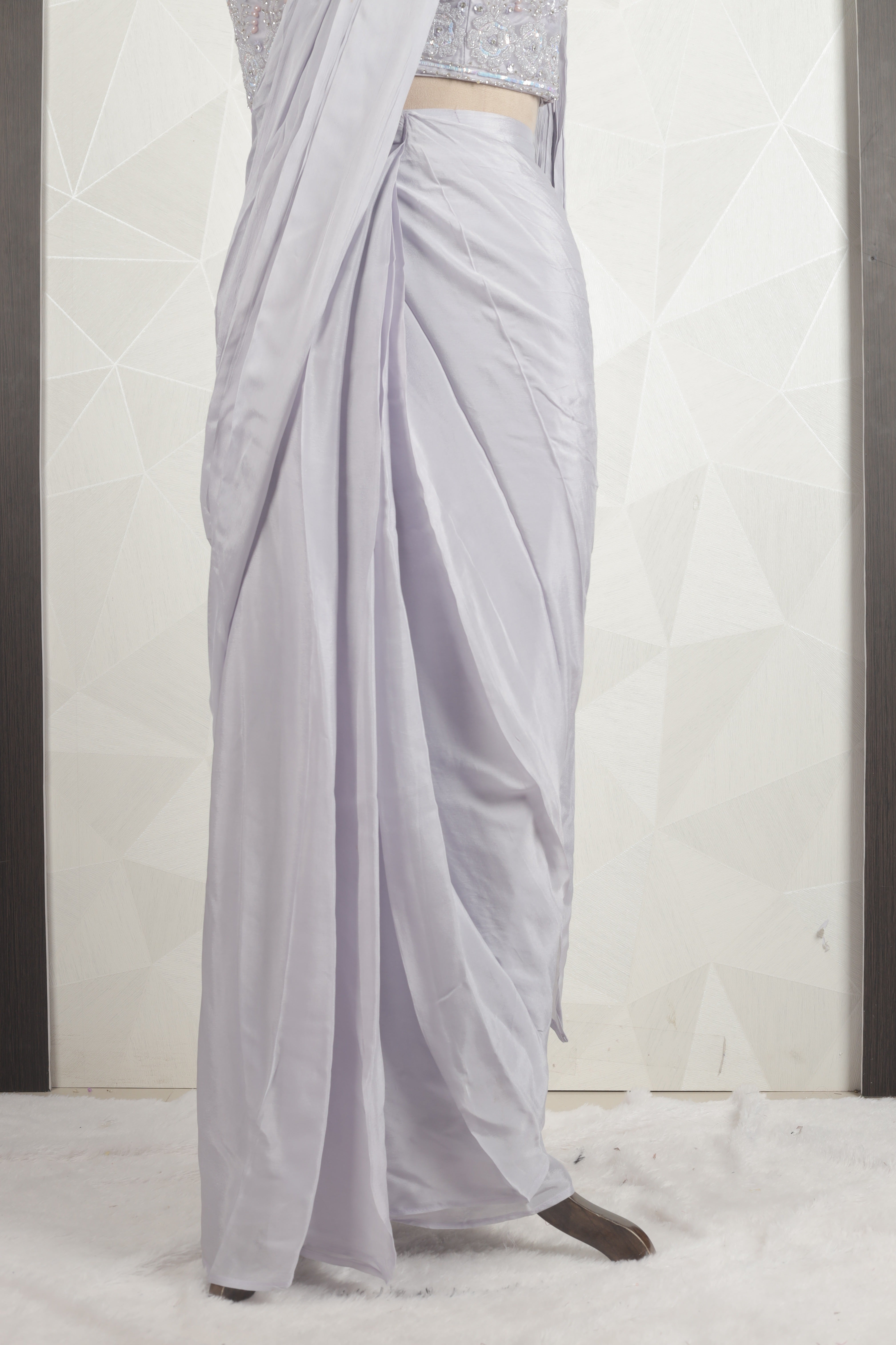 Gorgeous lavender Draped Saree With Ready Sequins And Diamond Blouse