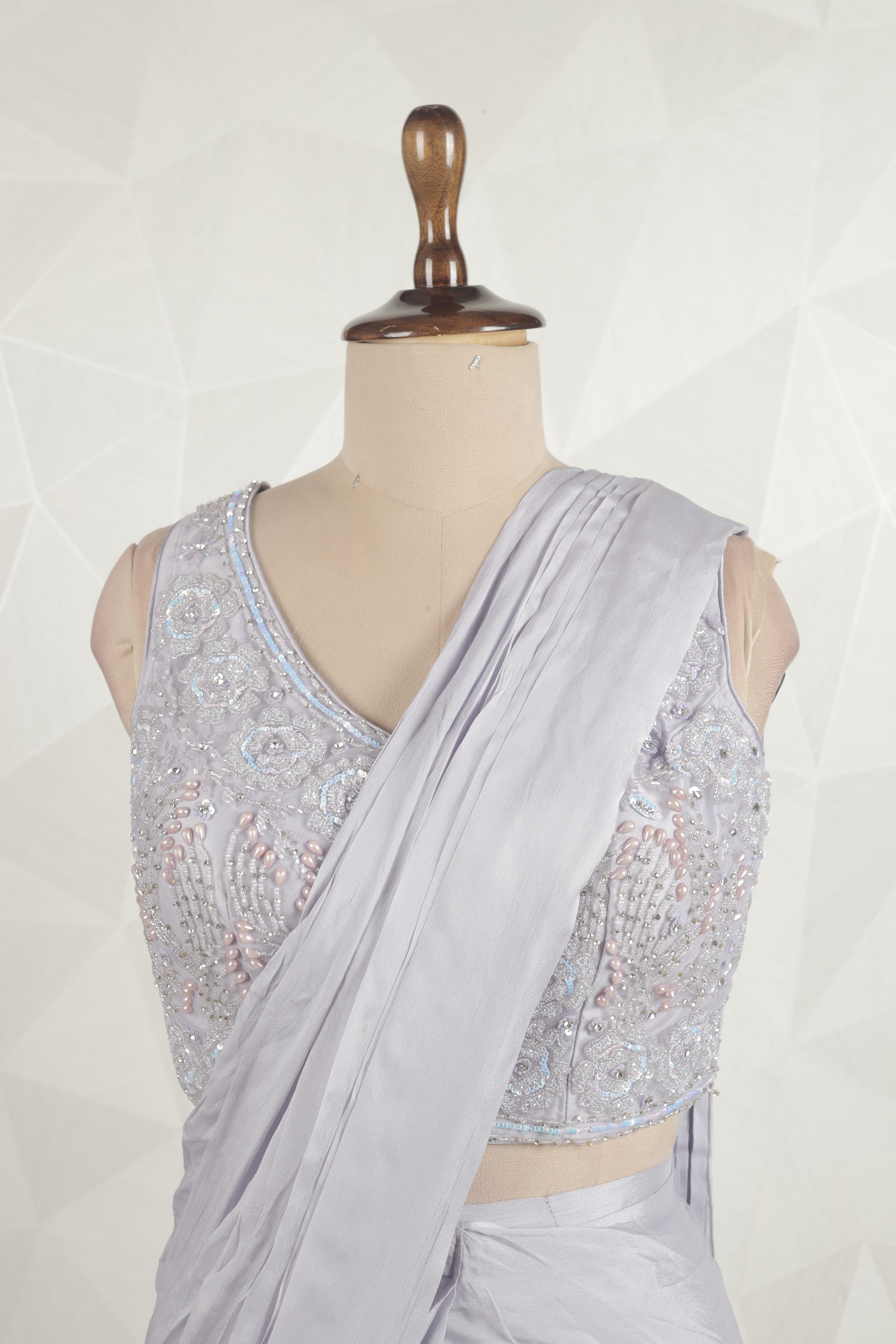 Gorgeous lavender Draped Saree With Ready Sequins And Diamond Blouse