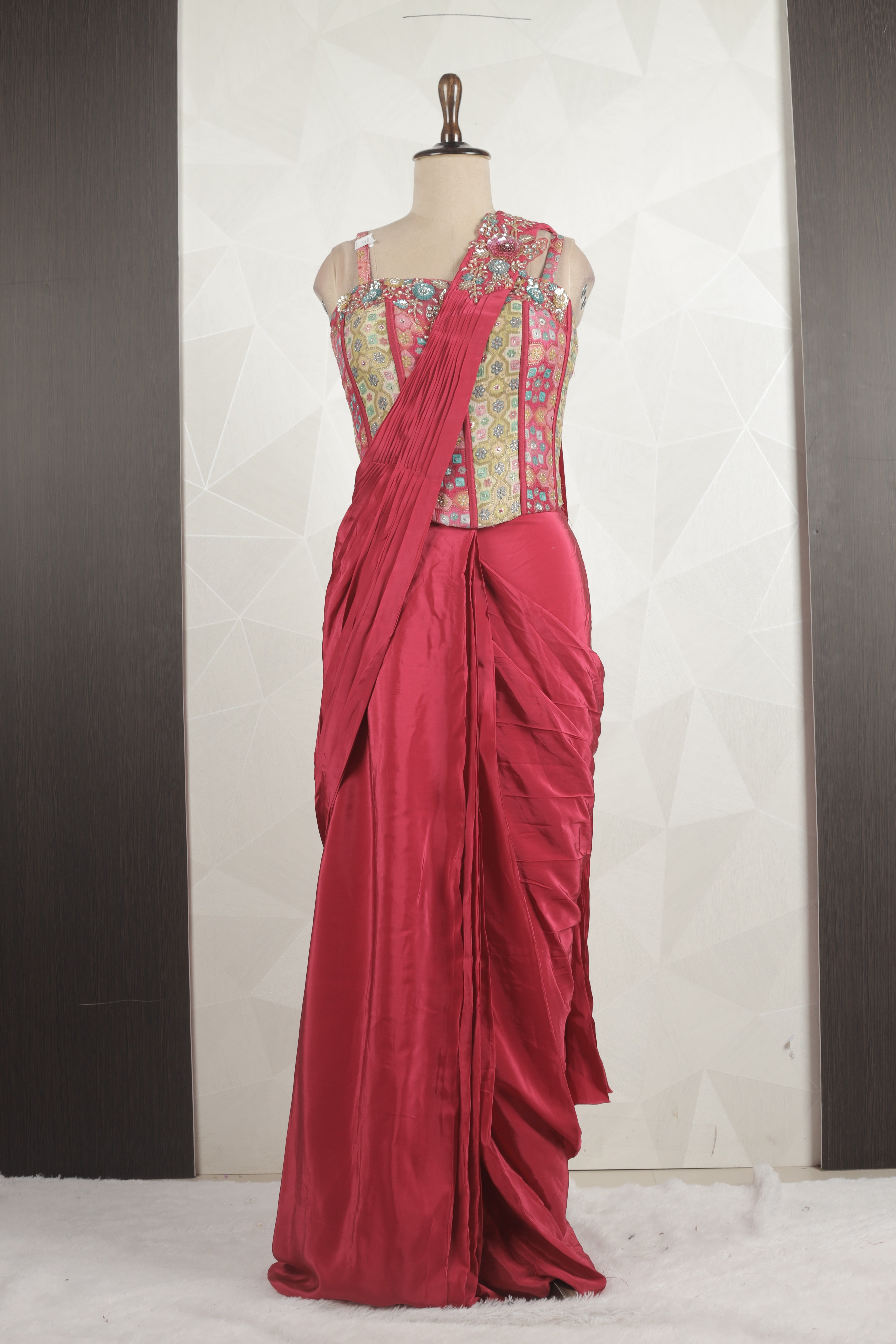 Elegant Red-MultiColored Draped Saree With Ready Corset Blouse