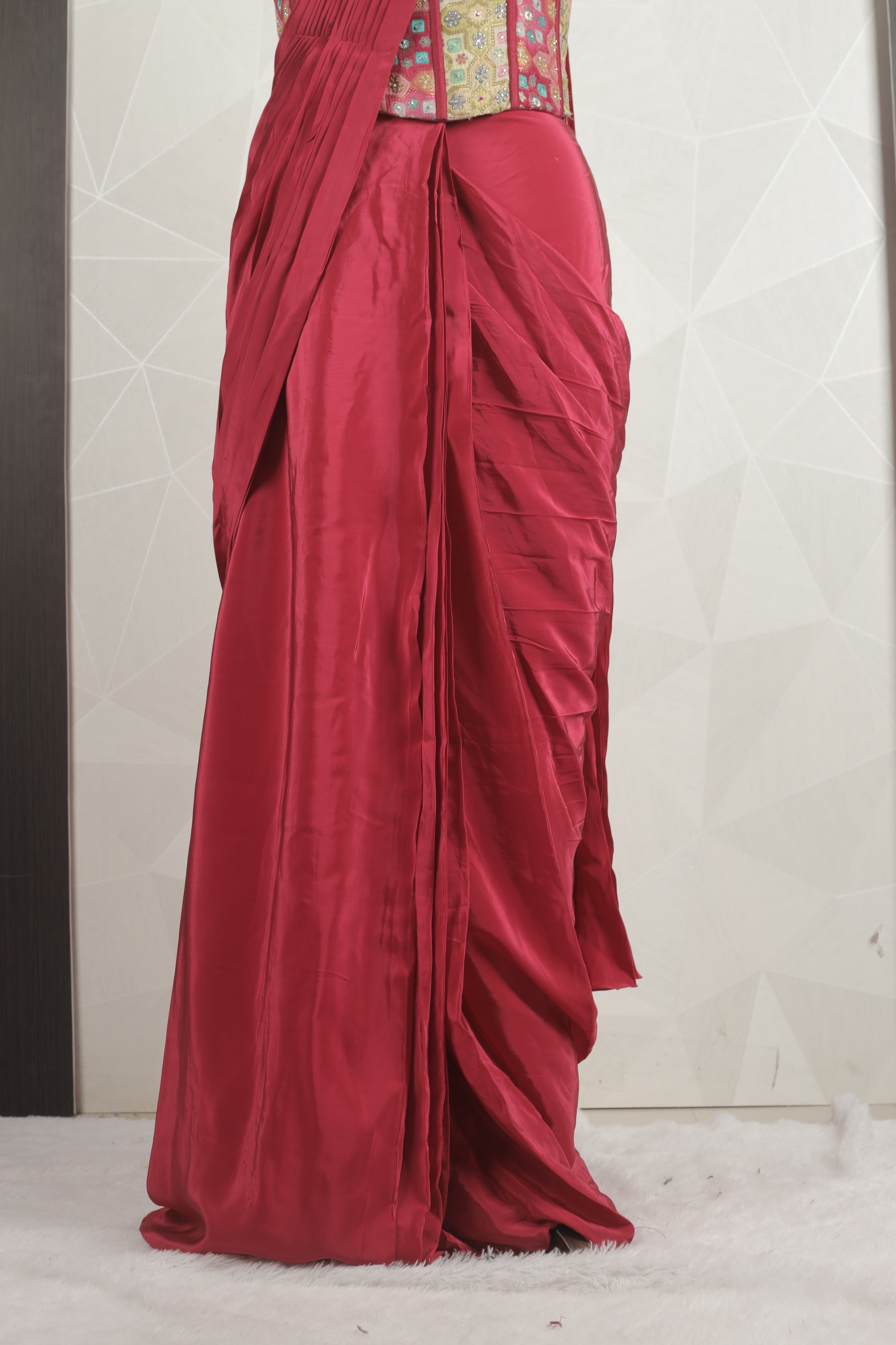 Elegant Red-MultiColored Draped Saree With Ready Corset Blouse