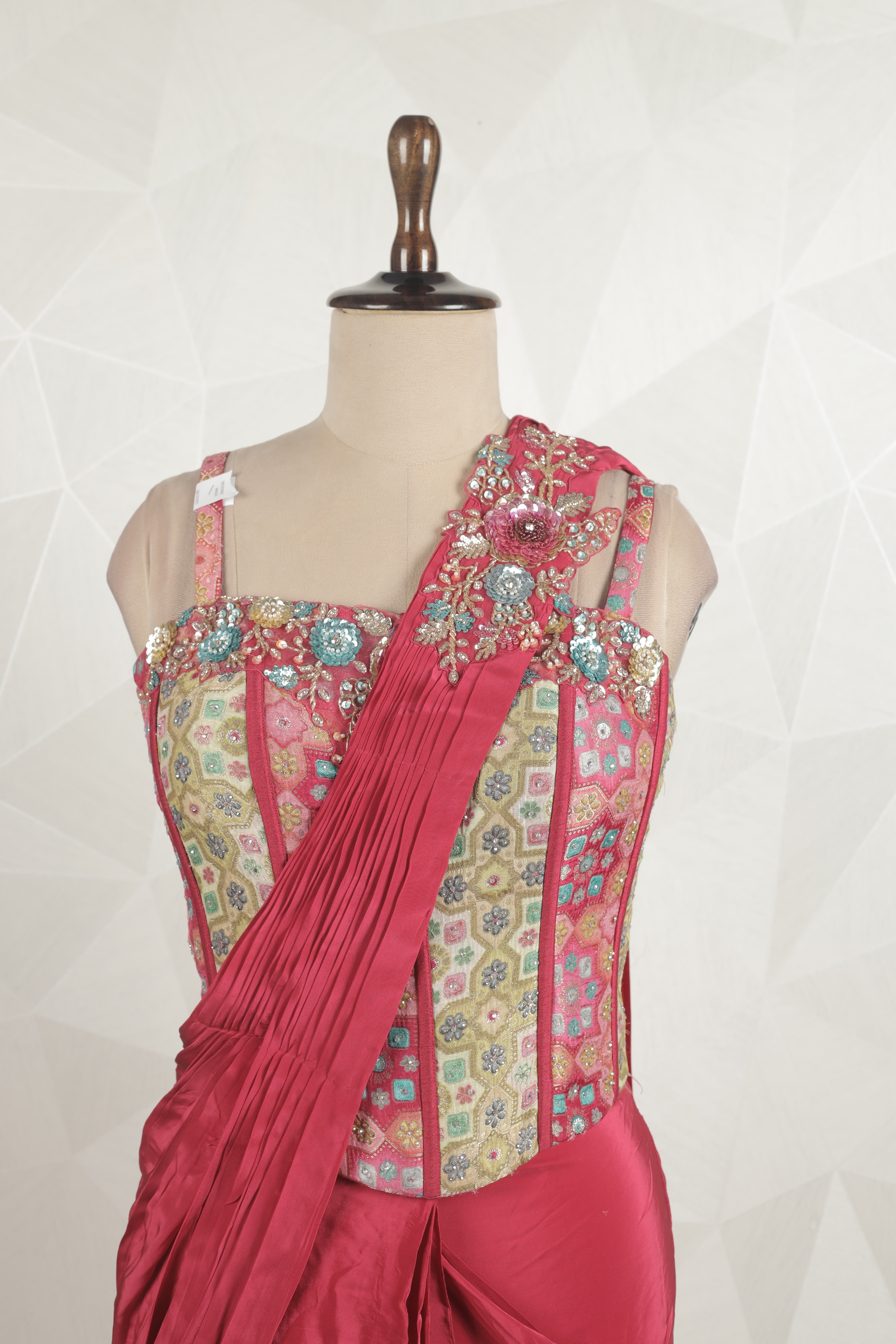 Elegant Red-MultiColored Draped Saree With Ready Corset Blouse