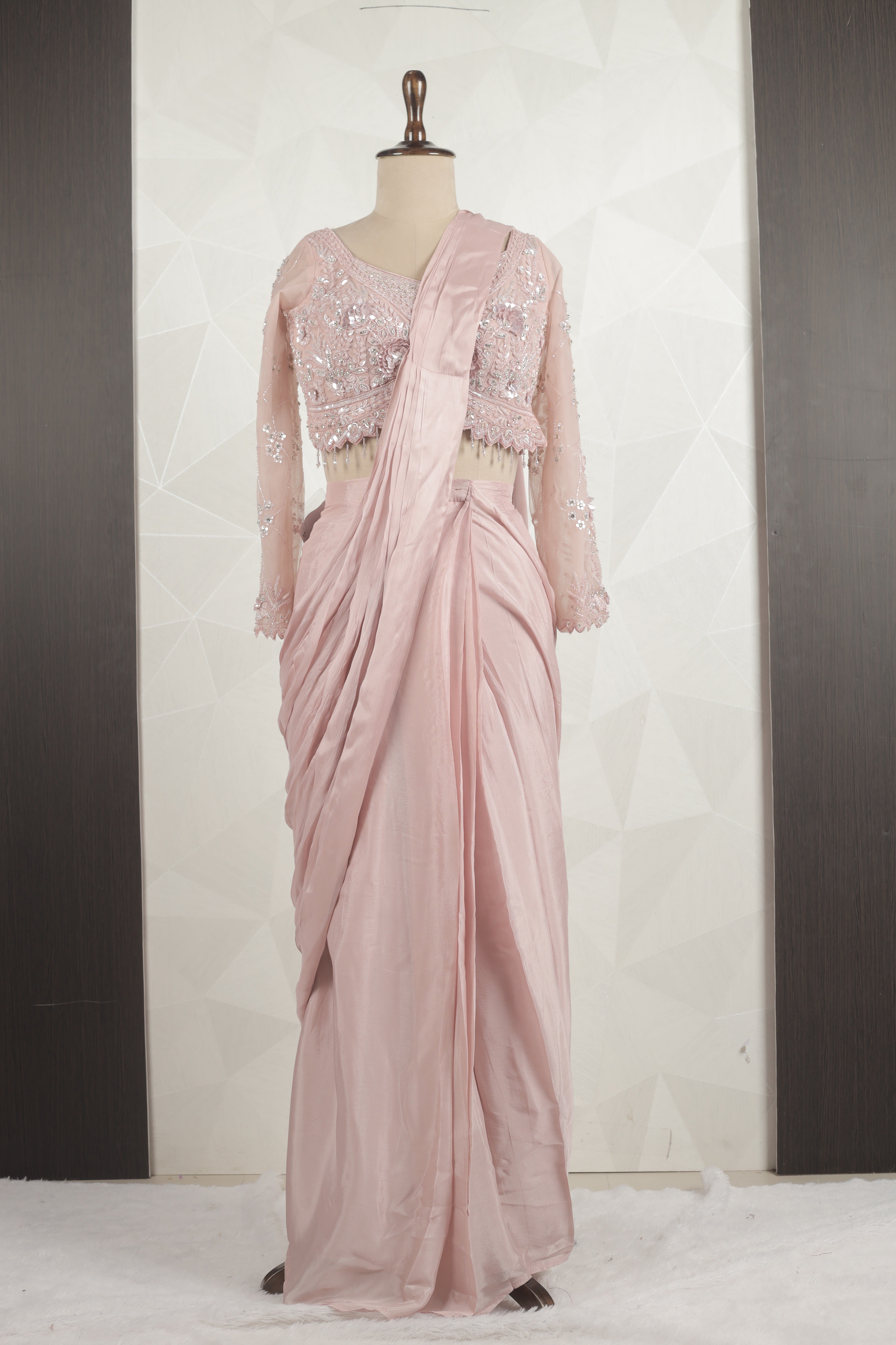Stunning Baby-Pink Draped Saree With Ready Sequins And Diamond Blouse
