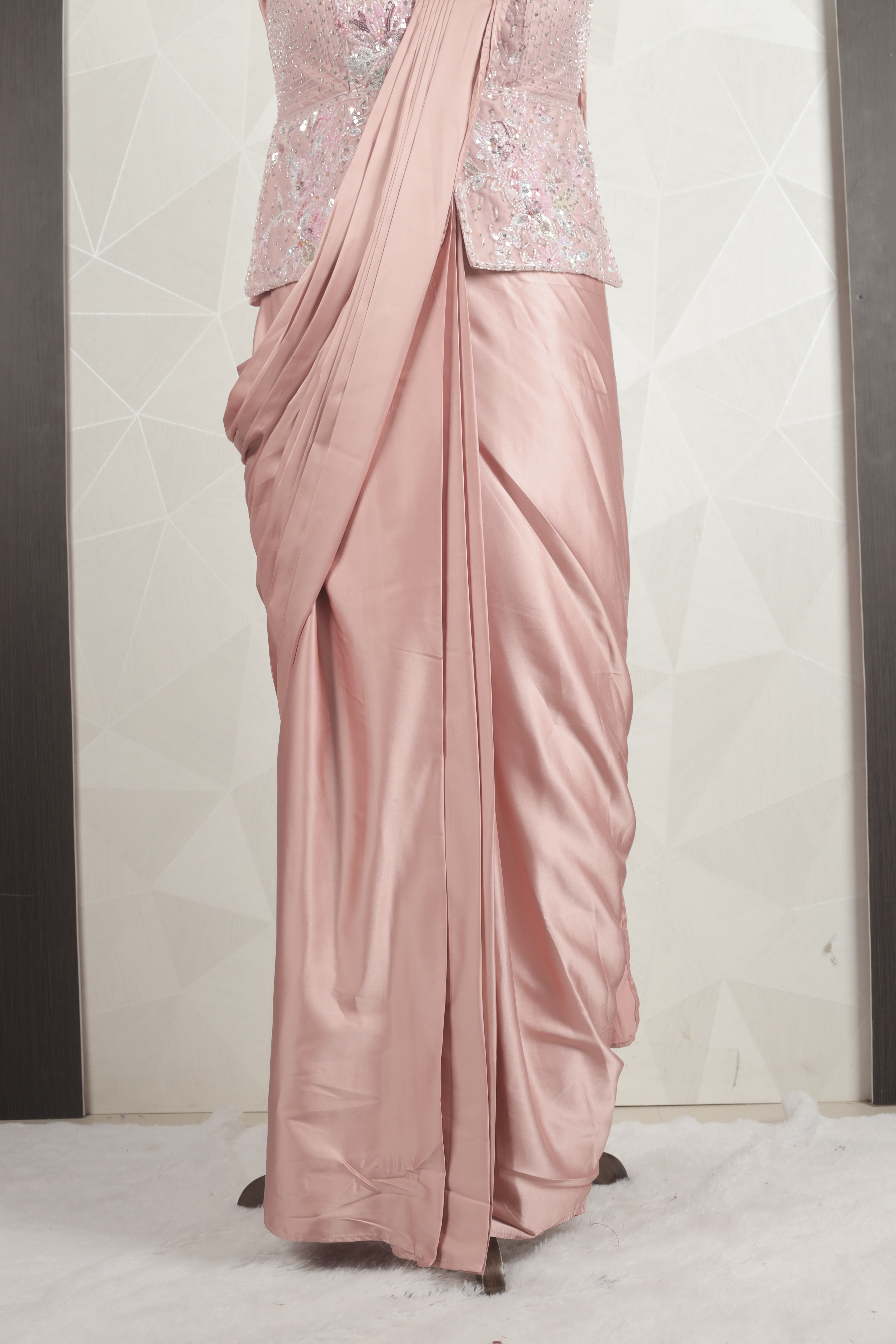 Stunning Baby-Pink Draped Saree With Ready Sequins And Diamond Blouse