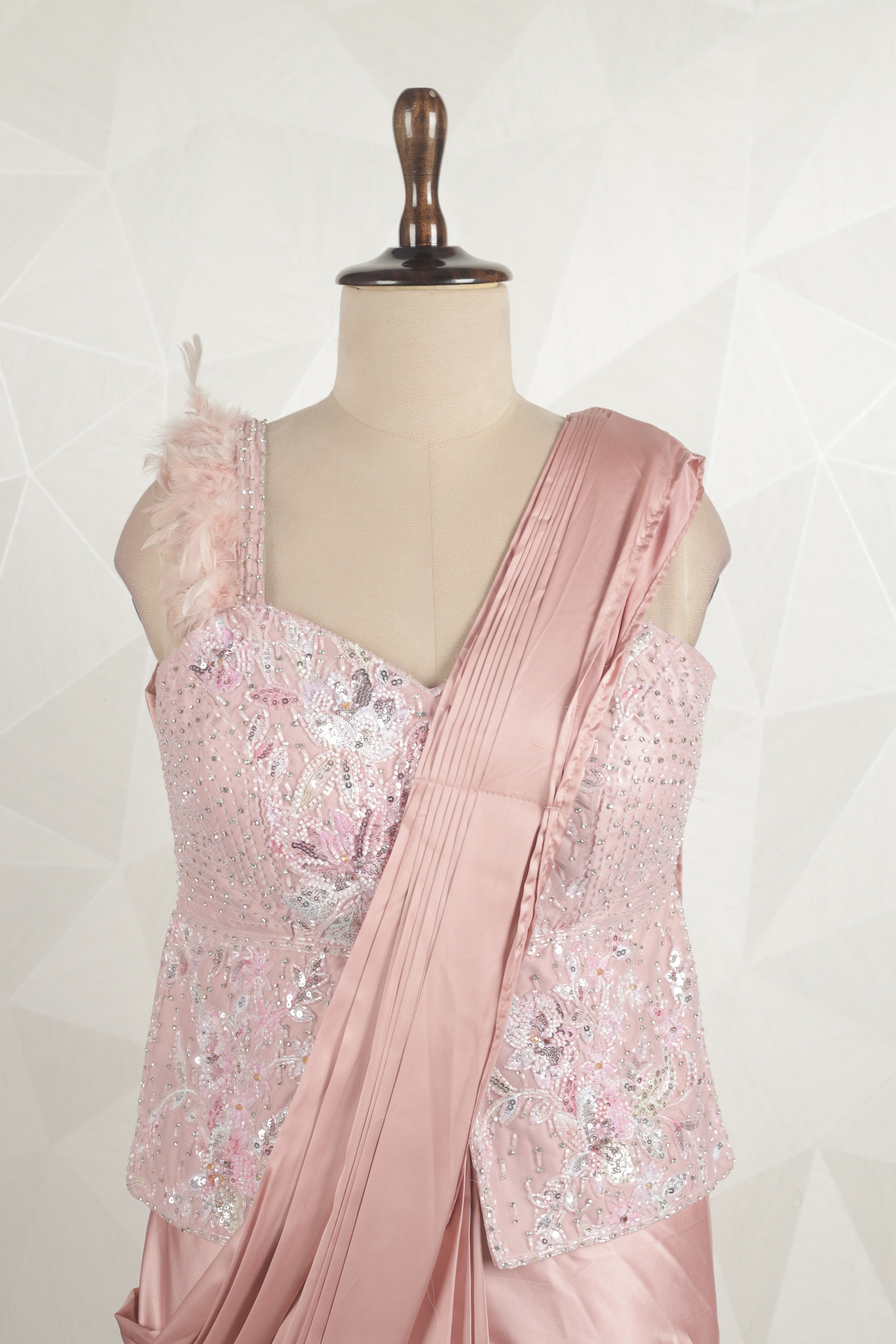 Stunning Baby-Pink Draped Saree With Ready Sequins And Diamond Blouse