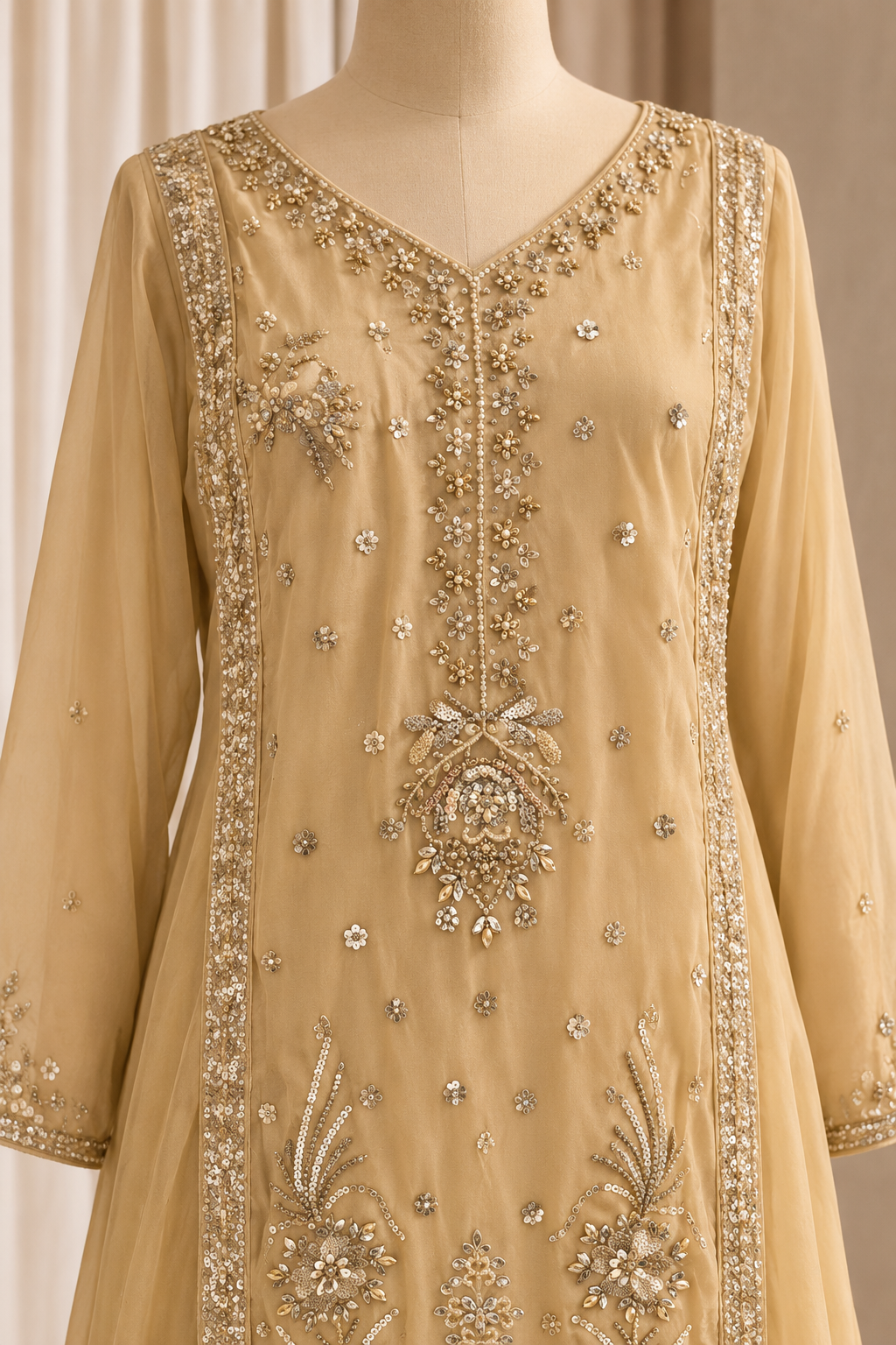 Gentle Tissue Silk Fabric and Beige Color With Diamond Work With Palazzo Suits