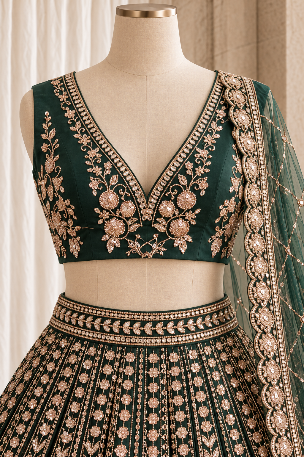Bottle Green Embroidered Lehenga Ensemble