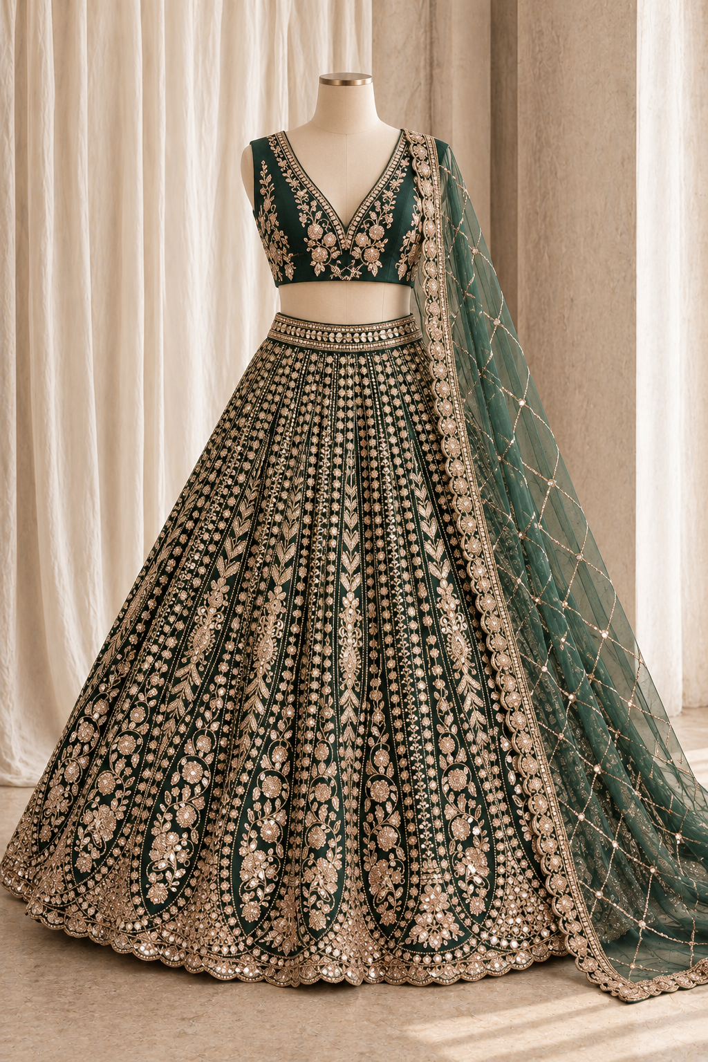 Bottle Green Embroidered Lehenga Ensemble