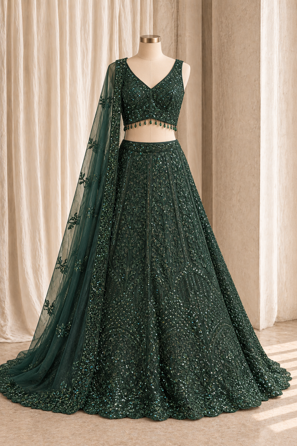 Charming Soft Net Fabric and Bottle Green Color With Sequins Work With Lehenga Choli
