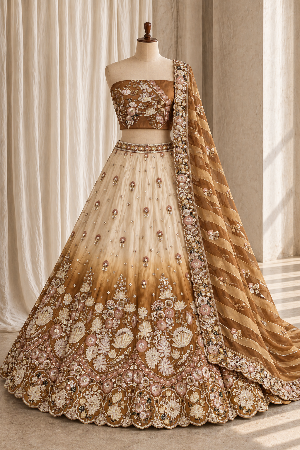Serendipity Tissue Silk Fabric and Beige Bronze Color With Thread Work With Lehenga Choli