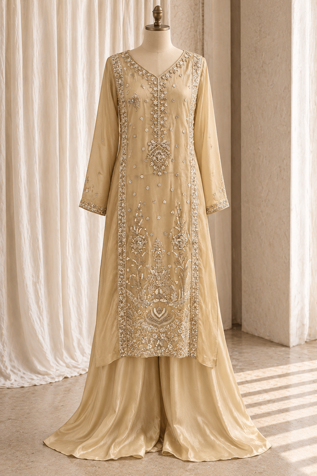 Gentle Tissue Silk Fabric and Beige Color With Diamond Work With Palazzo Suits