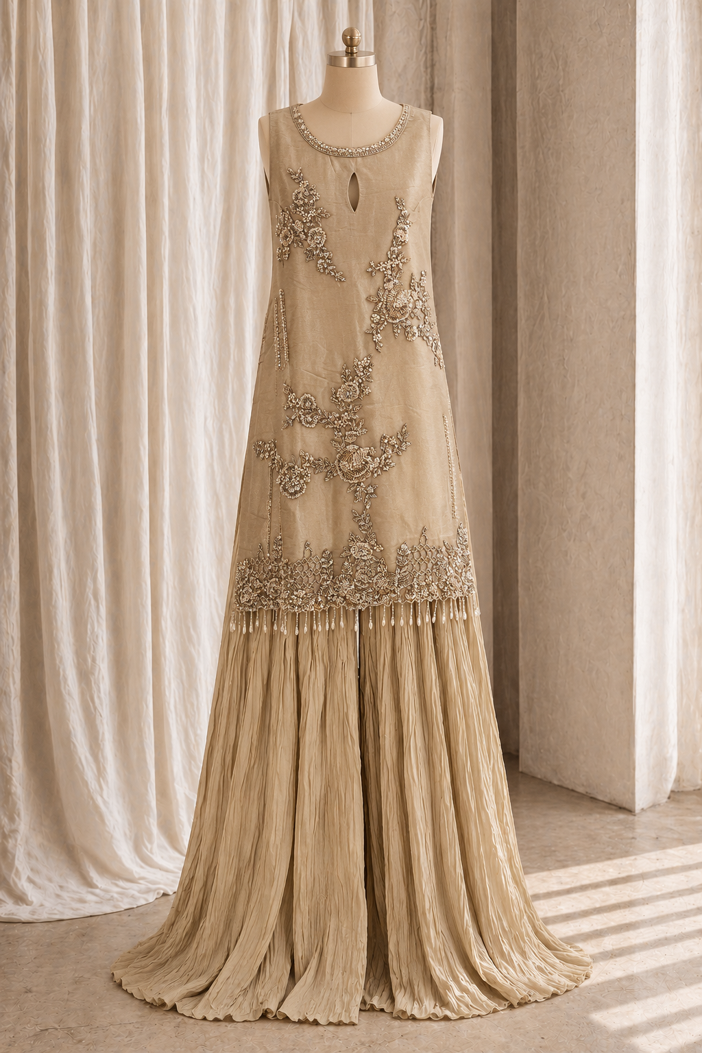 Classy Tissue Silk Fabric and Beige Green Color With Zardozi Work With Palazzo Suits