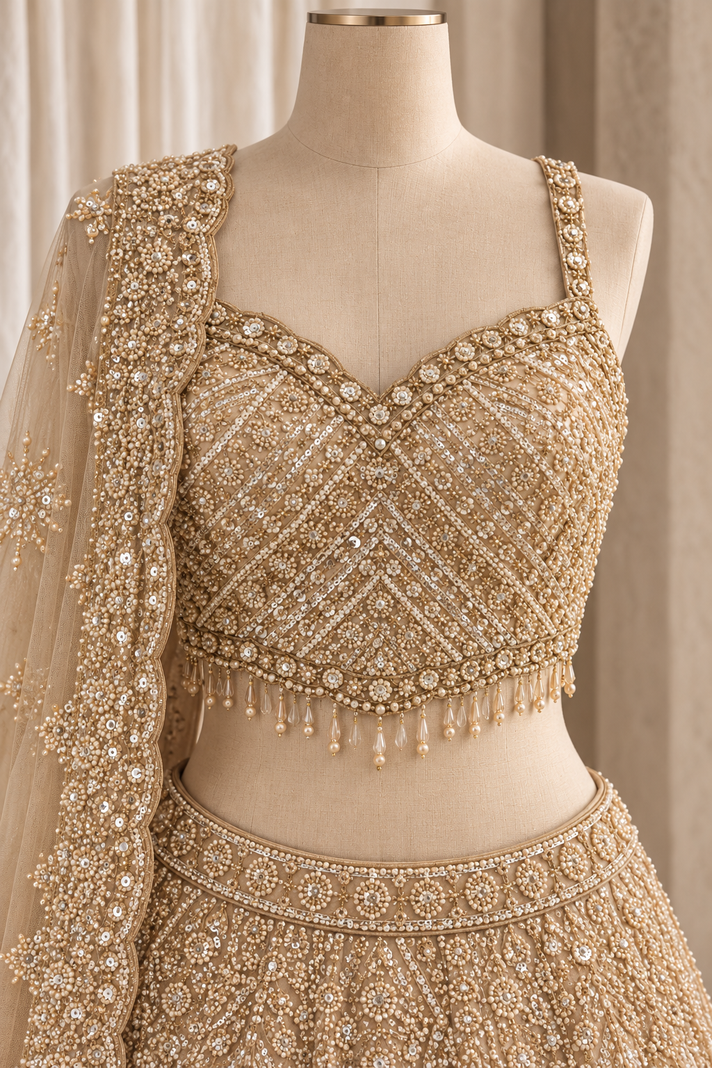 Fascinating Soft Net Fabric and Gold Color With Moti Work With Lehenga Choli