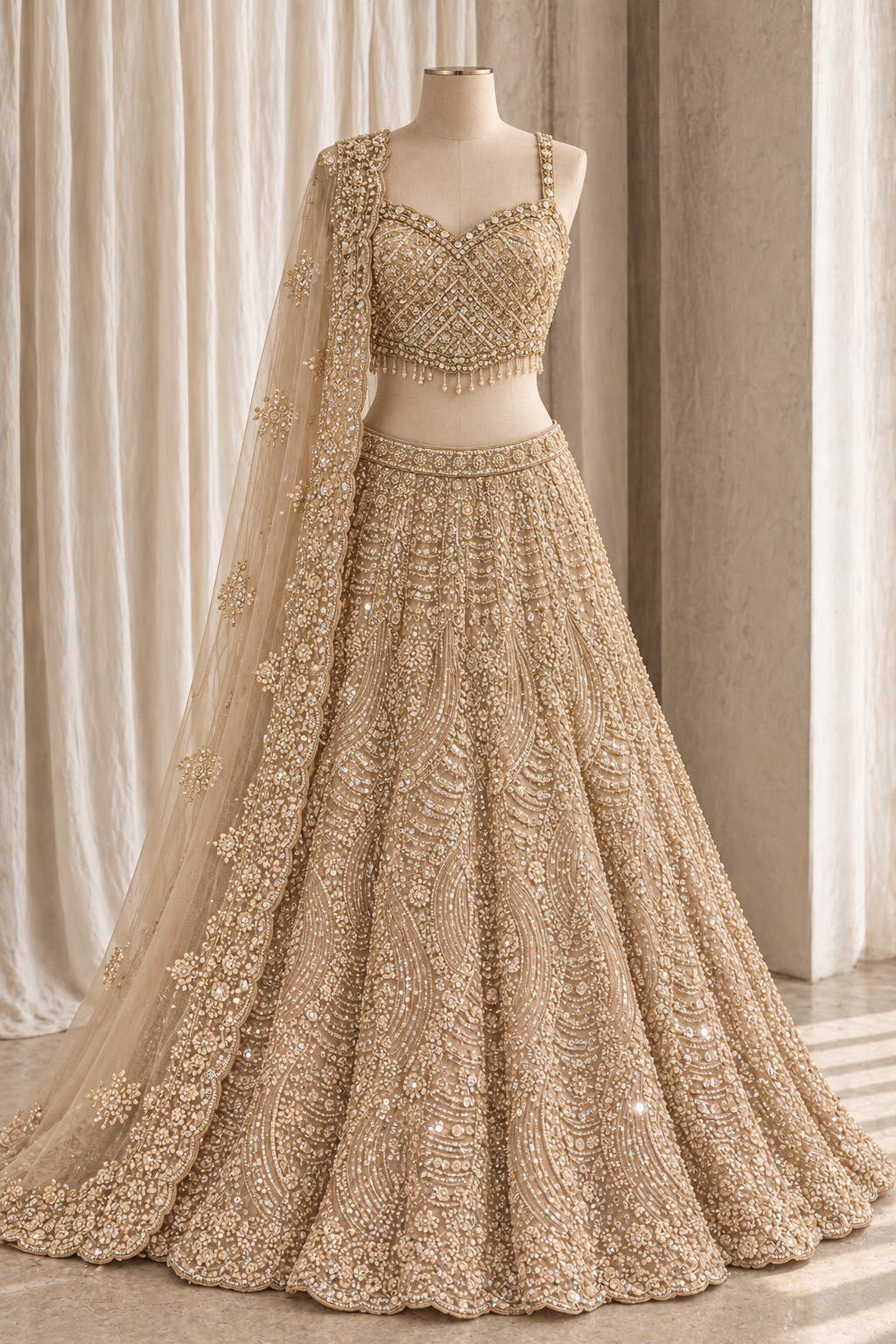 Fascinating Soft Net Fabric and Gold Color With Moti Work With Lehenga Choli