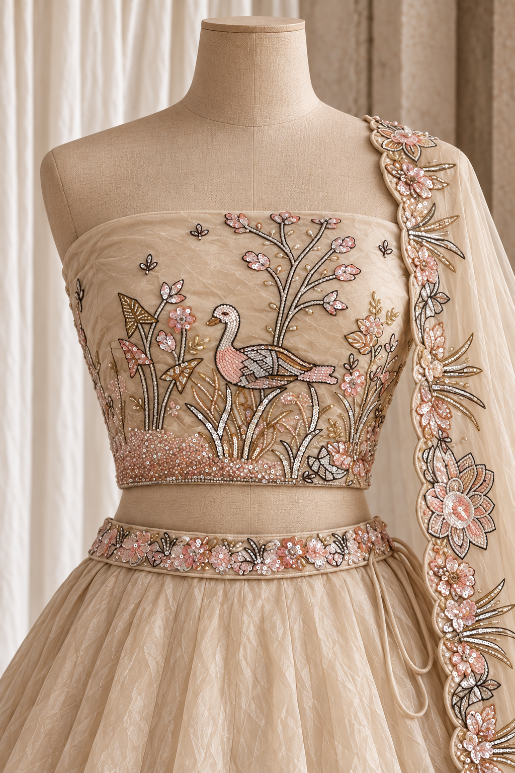 Champagne Ivory Lehenga with Embroidered Dupatta