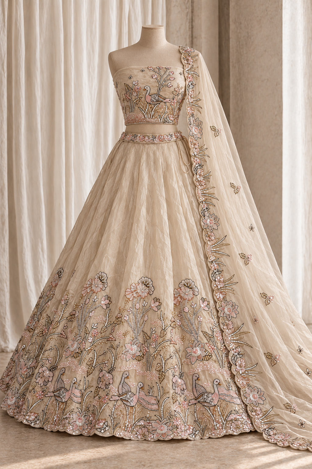 Champagne Ivory Lehenga with Embroidered Dupatta