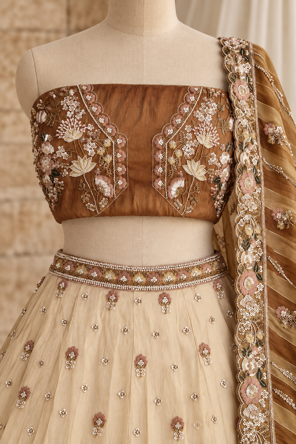 Serendipity Tissue Silk Fabric and Beige Bronze Color With Thread Work With Lehenga Choli