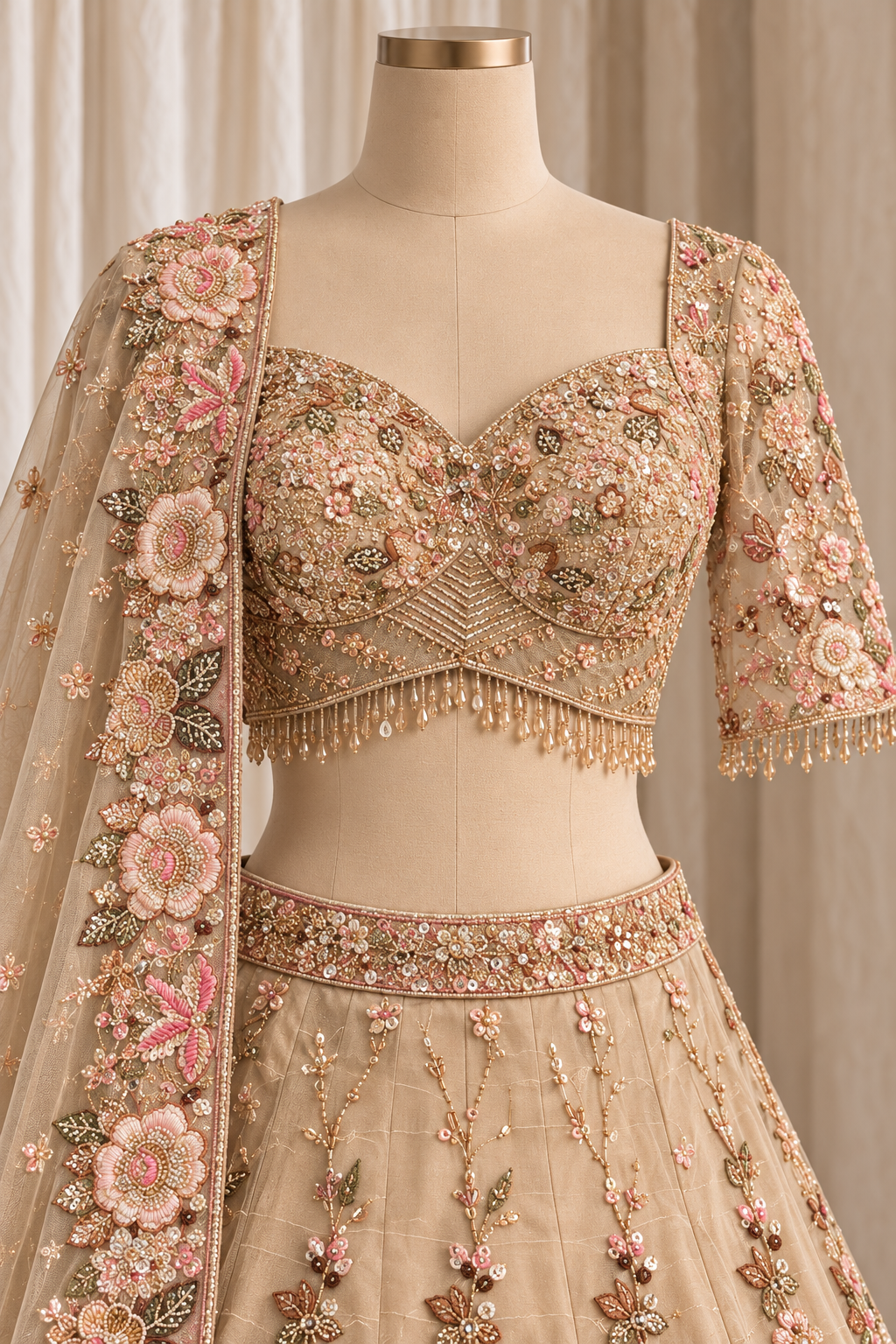 Likely Tissue Silk Fabric and Light Gold Color With Thread Work With Lehenga Choli