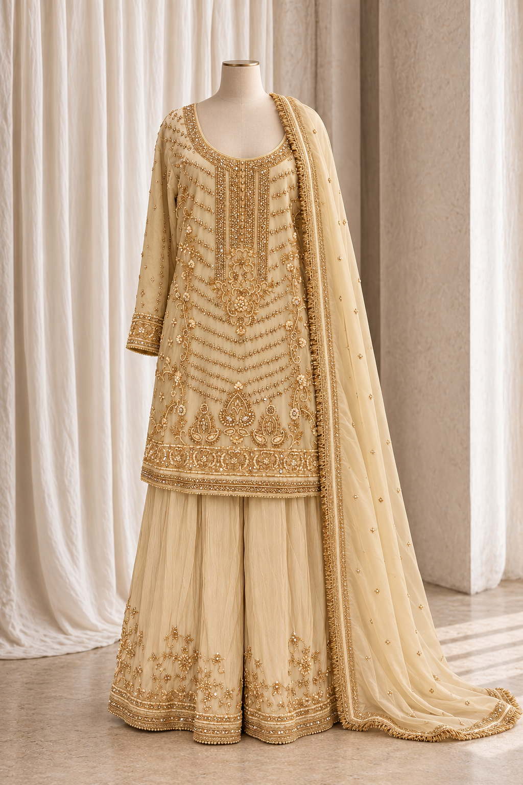 Champagne Embroidered Palazzo Ensemble Suits