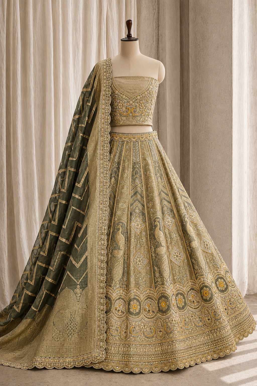 Gorgeous Kasab Work and Banarasi Brocade Silk Fabric Mehndi Green Color Unstitch Lehenga