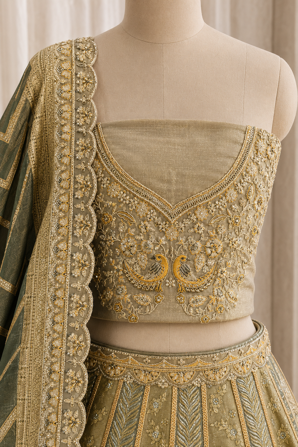 Gorgeous Kasab Work and Banarasi Brocade Silk Fabric Mehndi Green Color Unstitch Lehenga