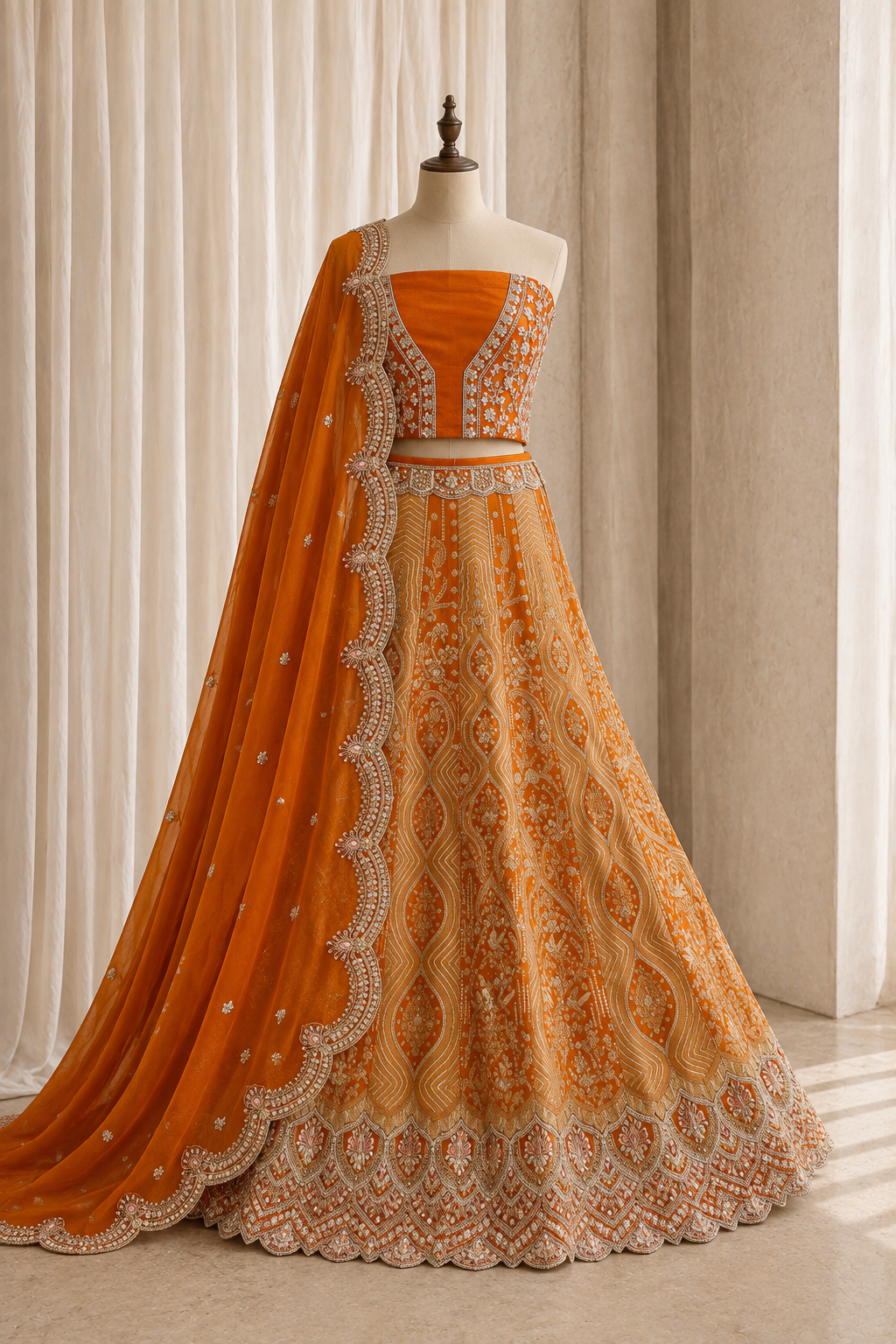 Excellent Kasab Work and Banarasi Brocade Silk Fabric Orange Color Unstitch Lehenga