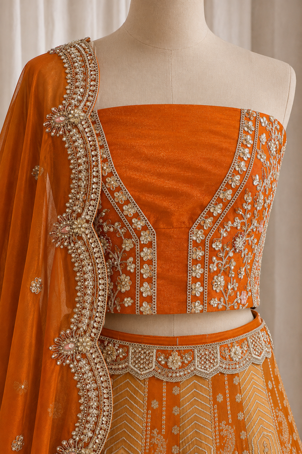 Excellent Kasab Work and Banarasi Brocade Silk Fabric Orange Color Unstitch Lehenga