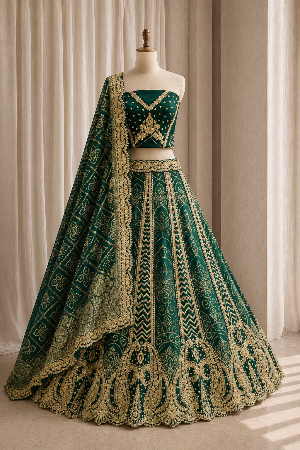 Lovely Kasab Work and Banarasi Brocade Silk Fabric Green Color Unstitch Lehenga
