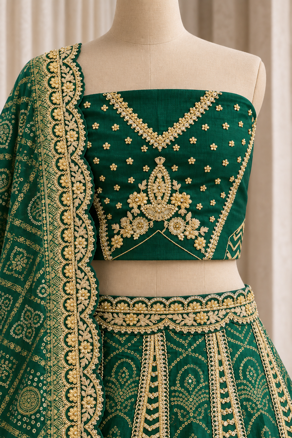 Lovely Kasab Work and Banarasi Brocade Silk Fabric Green Color Unstitch Lehenga