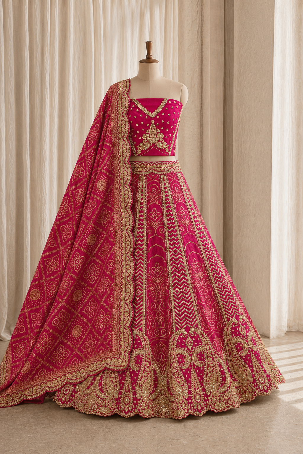 Attractive Kasab Work and Banarasi Brocade Silk Fabric Rani Color Unstitch Lehenga