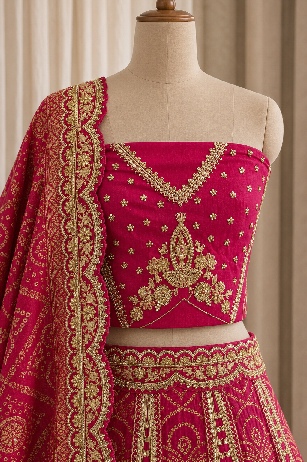 Attractive Kasab Work and Banarasi Brocade Silk Fabric Rani Color Unstitch Lehenga