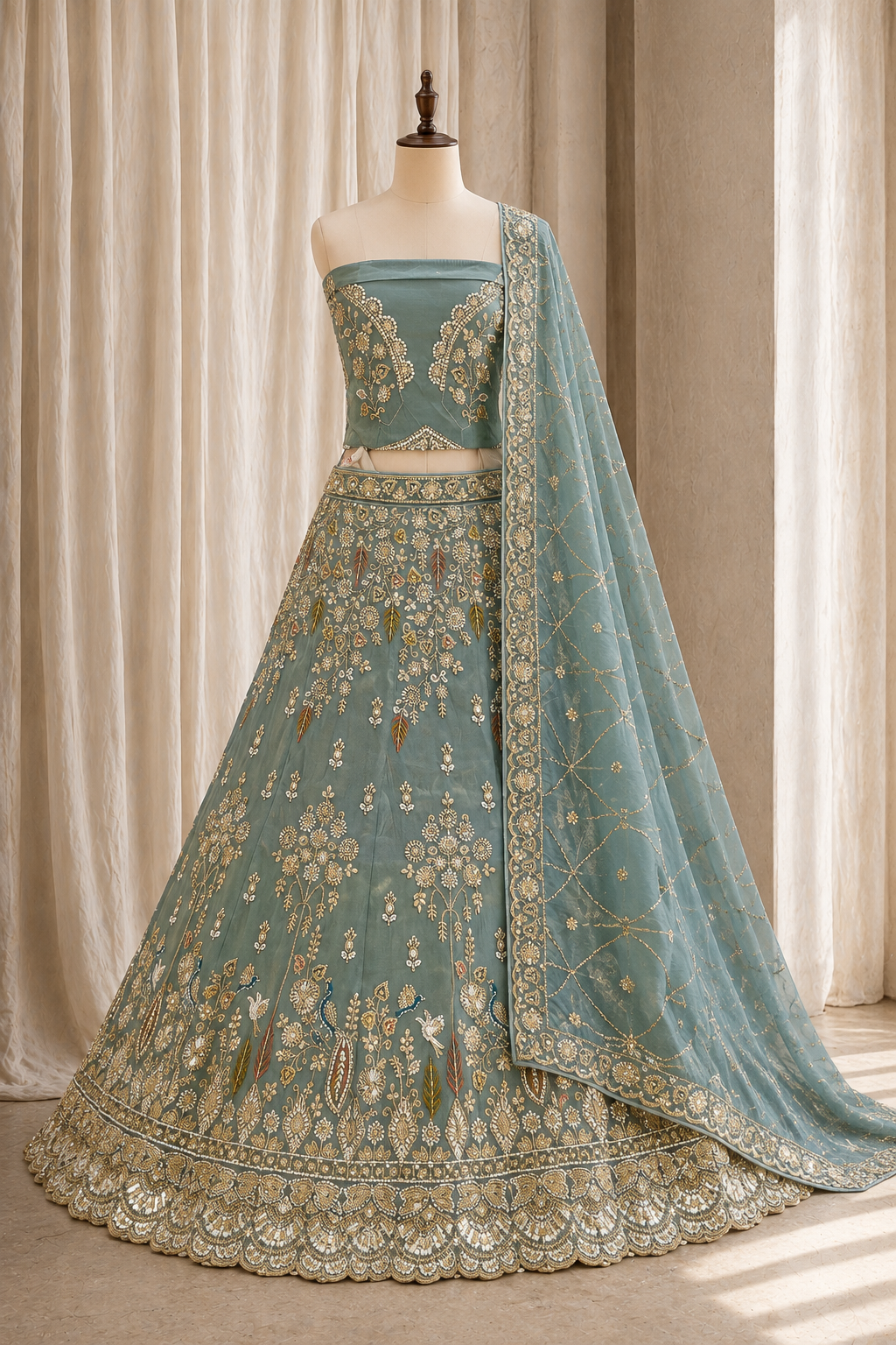 Elegance Thread Work and Dupion Silk Fabric Grey Blue Color Unstitch Lehenga
