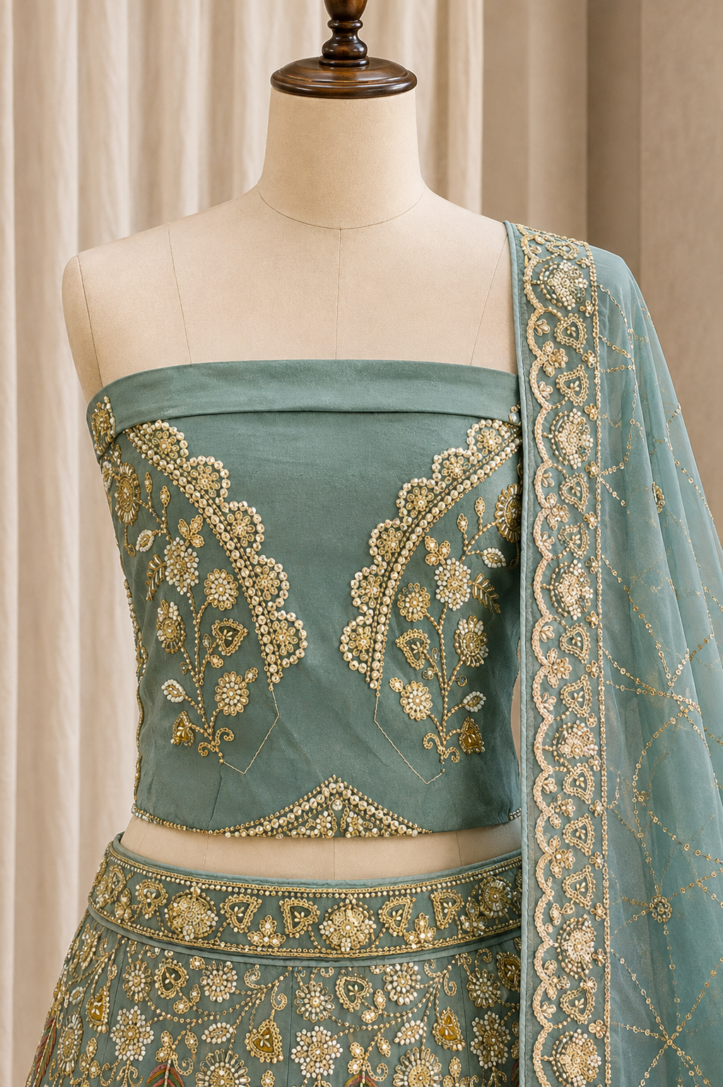 Elegance Thread Work and Dupion Silk Fabric Grey Blue Color Unstitch Lehenga