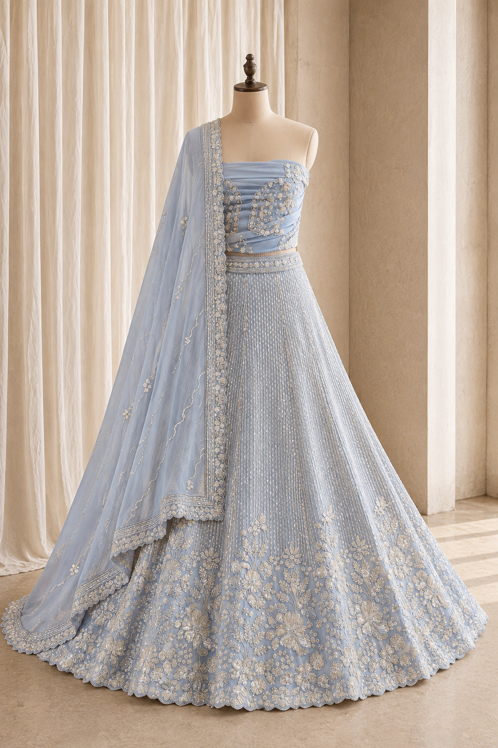 Pretty Cut Dana Work and Georgette Fabric Sky Blue Color Unstitch Lehenga
