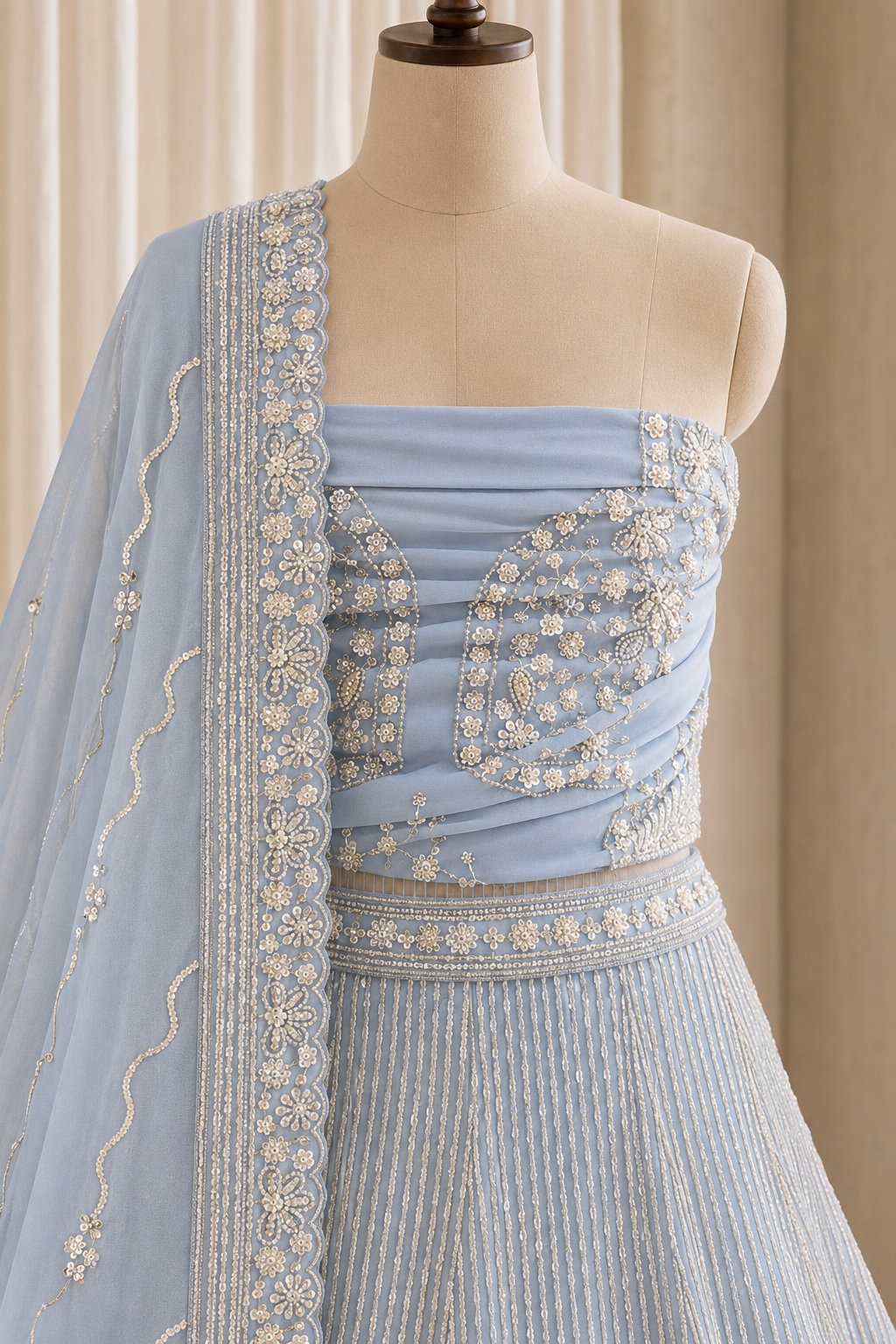 Pretty Cut Dana Work and Georgette Fabric Sky Blue Color Unstitch Lehenga