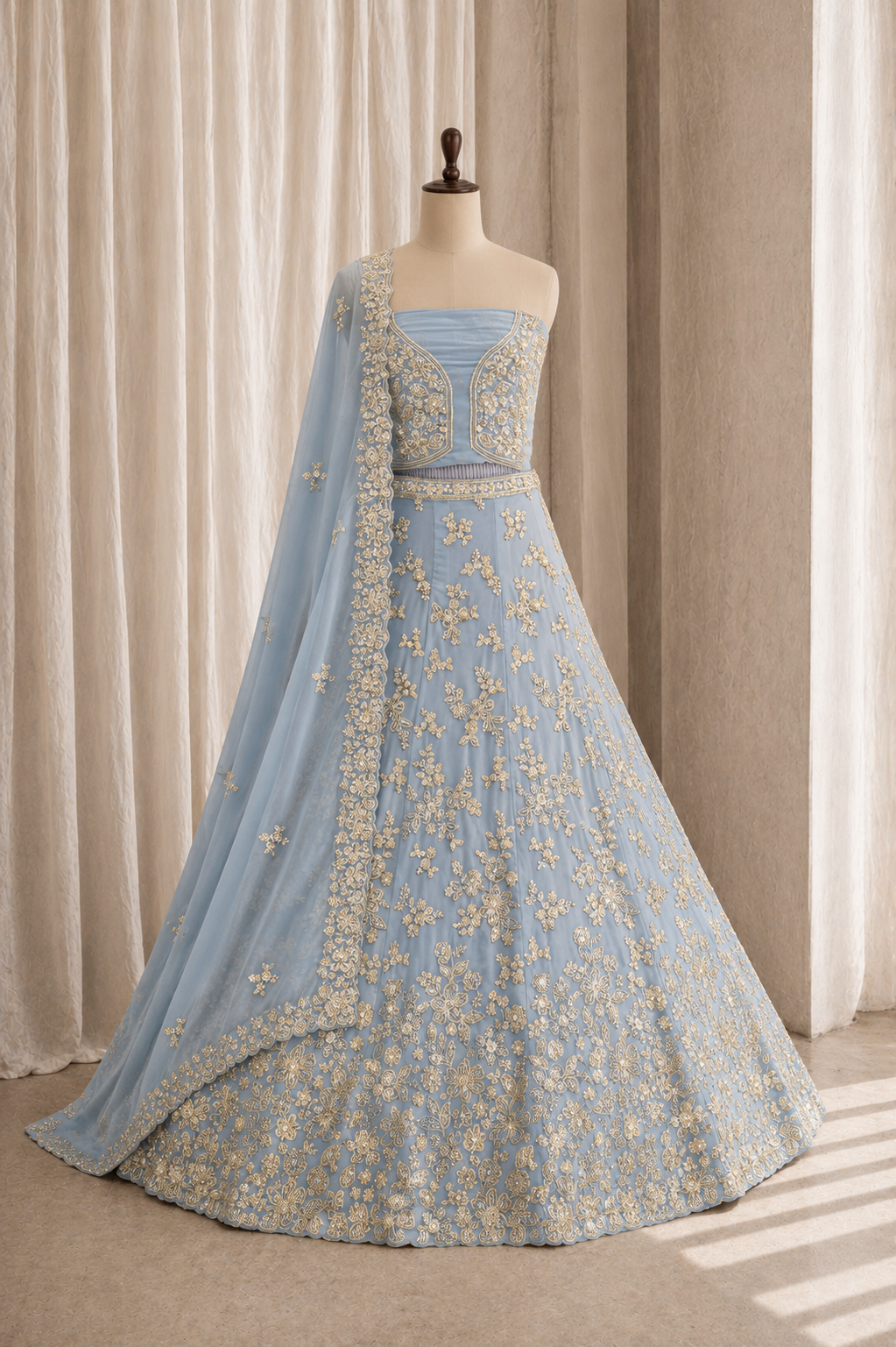 Charming Cut Dana Work and Georgette Fabric Sky Blue Color Unstitch Lehenga