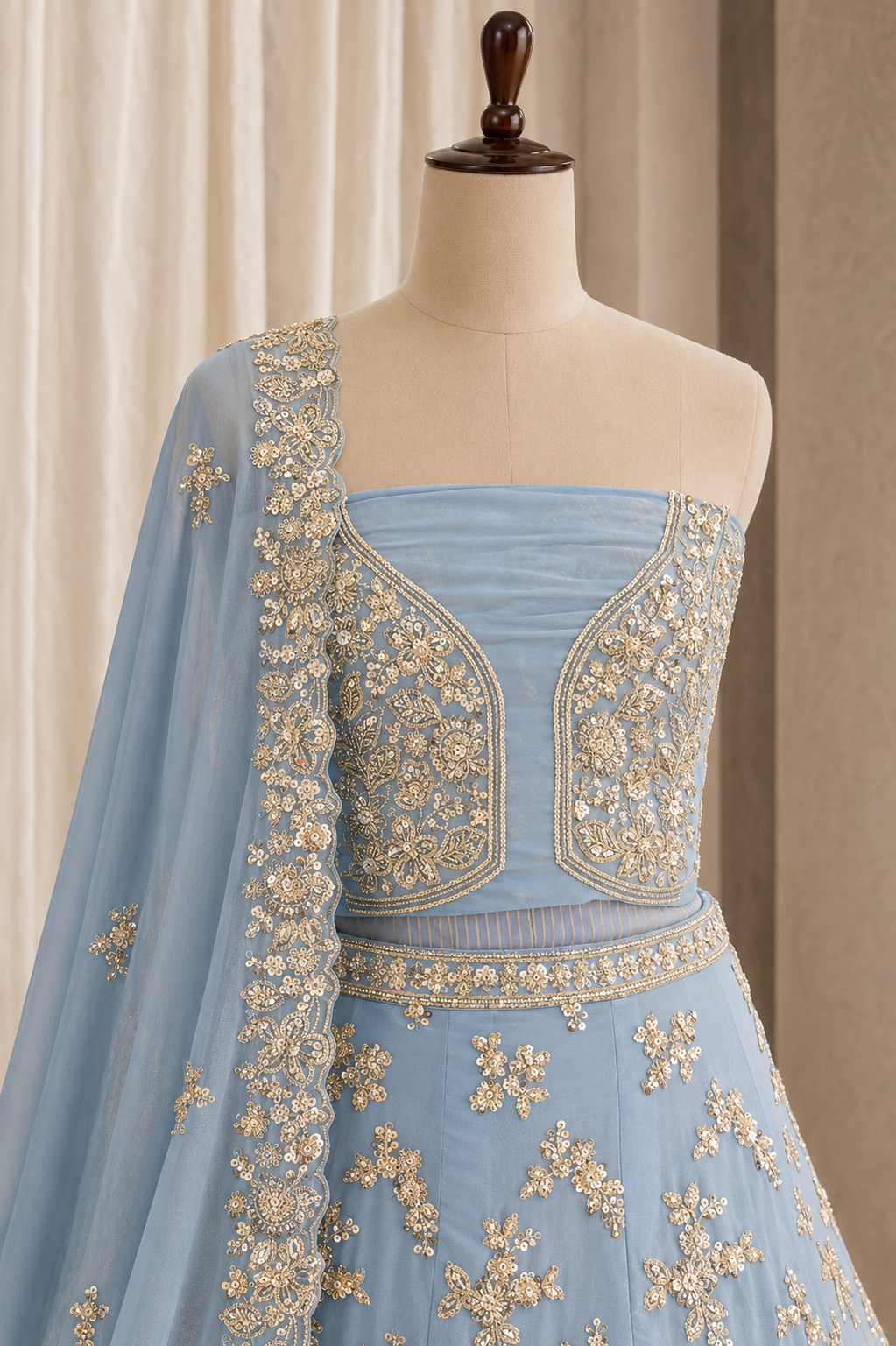 Charming Cut Dana Work and Georgette Fabric Sky Blue Color Unstitch Lehenga