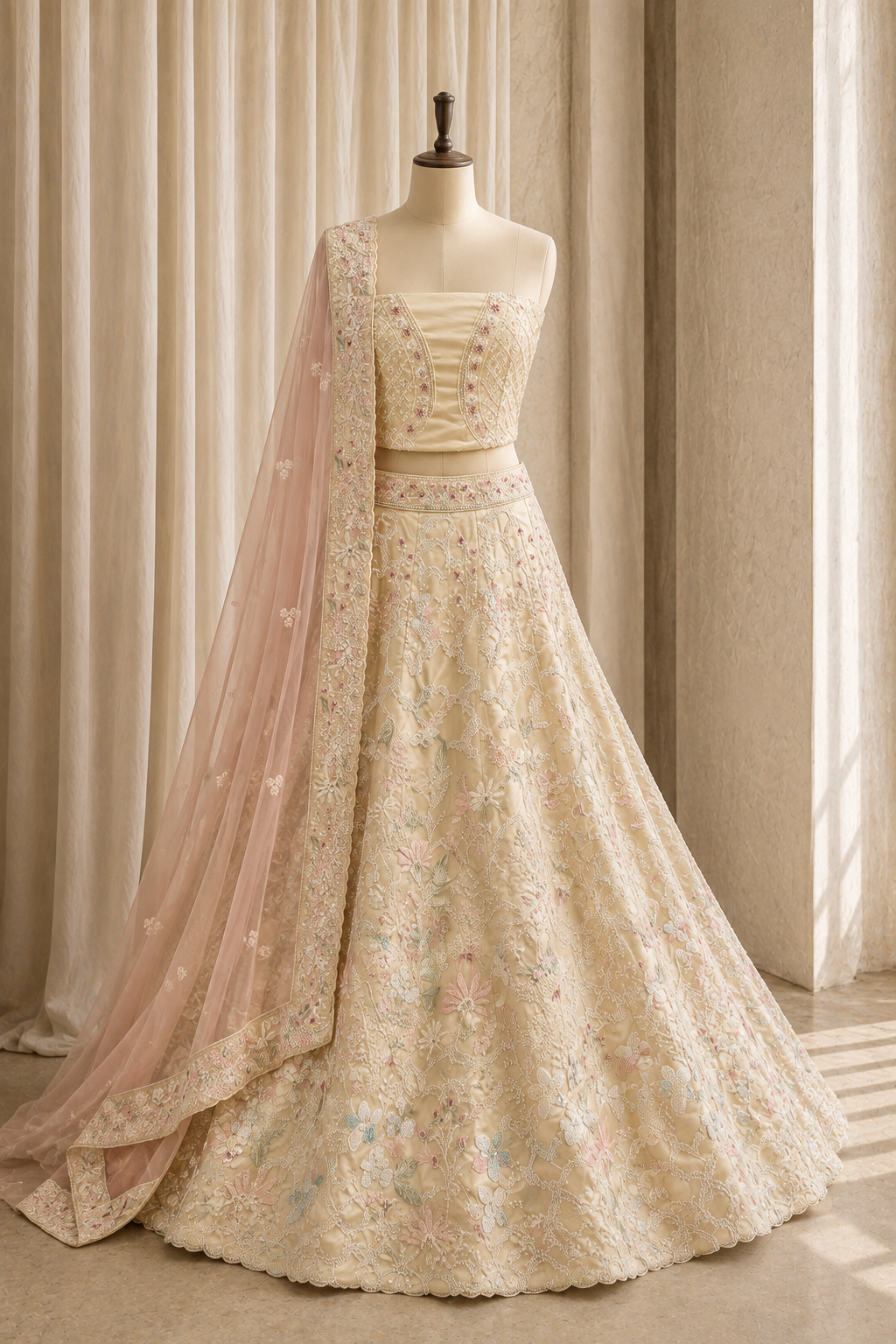 Magnificent Cut Dana Work and Dupion Silk Fabric Beige Color Unstitch Lehenga