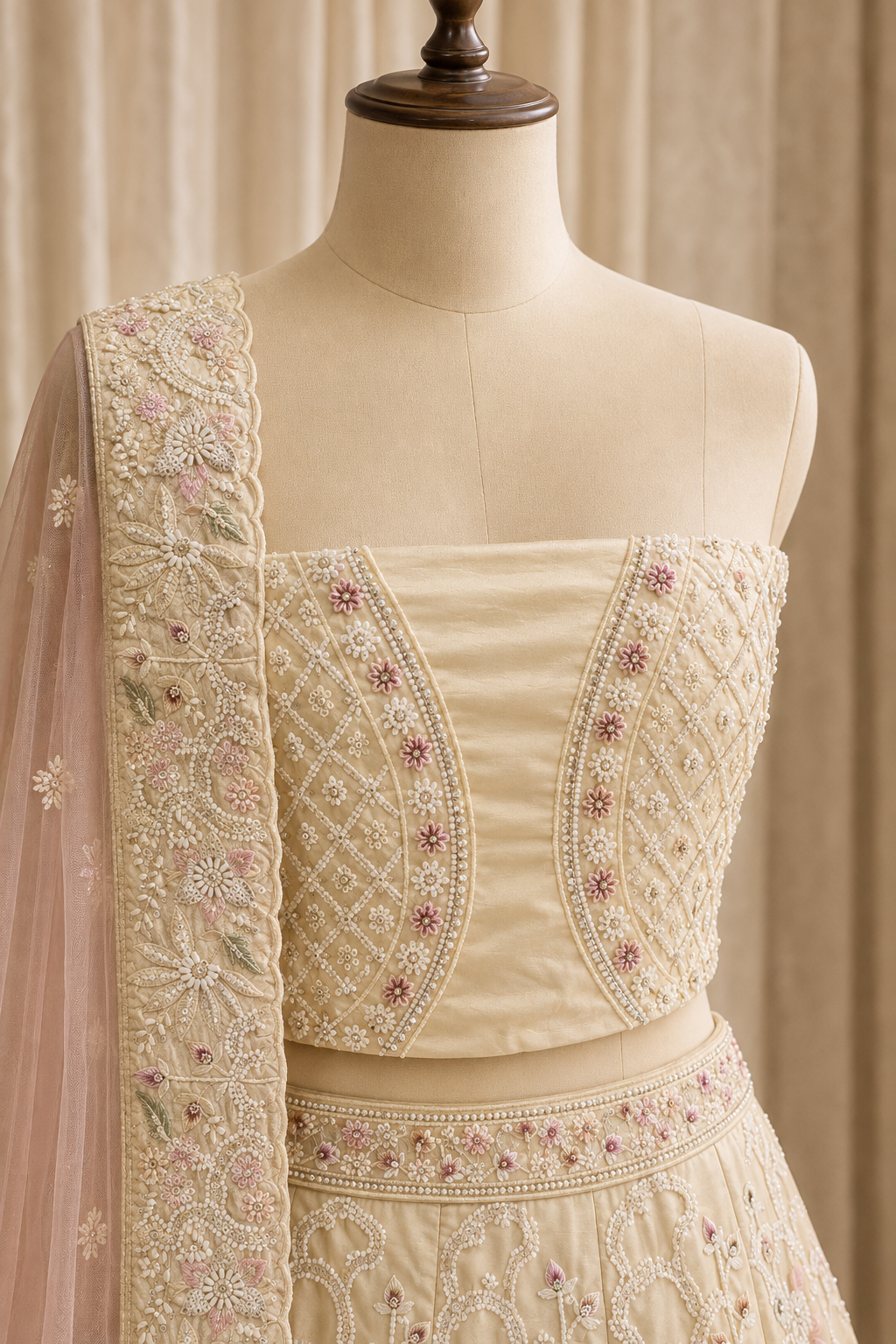 Magnificent Cut Dana Work and Dupion Silk Fabric Beige Color Unstitch Lehenga