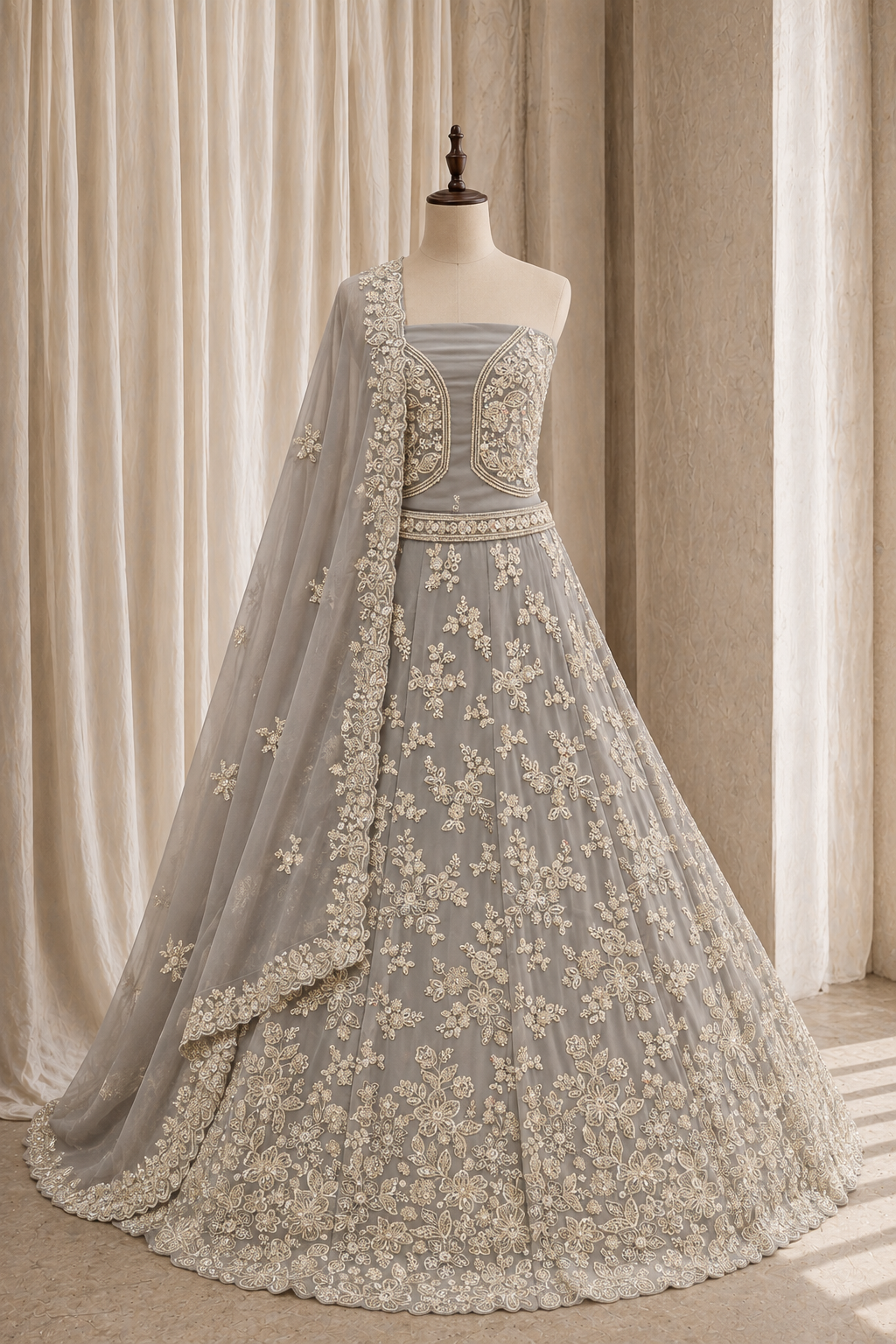 Delightful Cut Dana Work and Georgette Fabric Grey Color Unstitch Lehenga