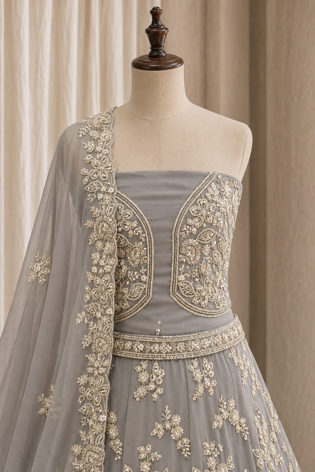 Delightful Cut Dana Work and Georgette Fabric Grey Color Unstitch Lehenga