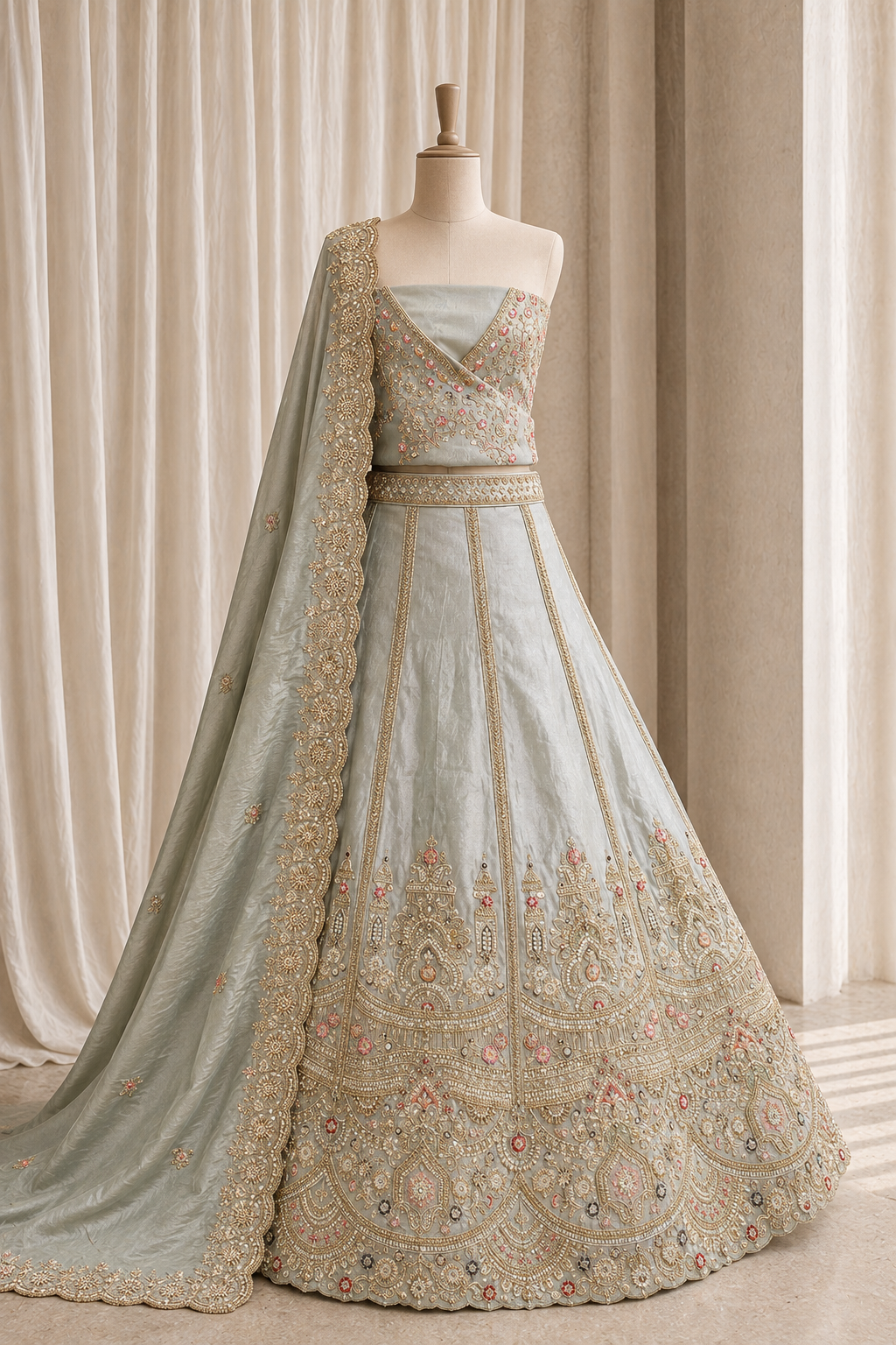 Gorgeousness Cut Dana Work and Tissue Fabric Pastel Green Color Unstitch Lehenga
