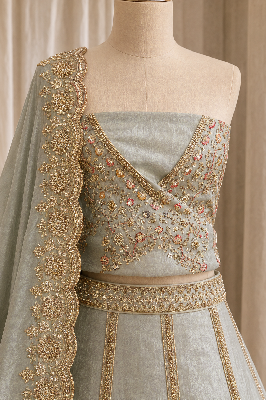 Gorgeousness Cut Dana Work and Tissue Fabric Pastel Green Color Unstitch Lehenga