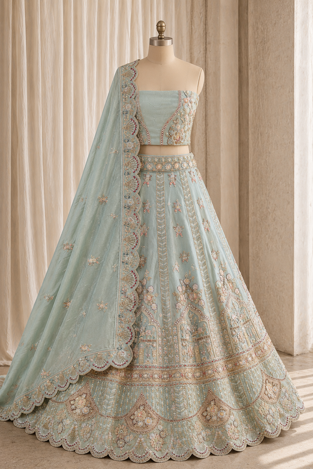 Wonderful Moti Work and Tissue Fabric Pastel Green Color Unstitch Lehenga