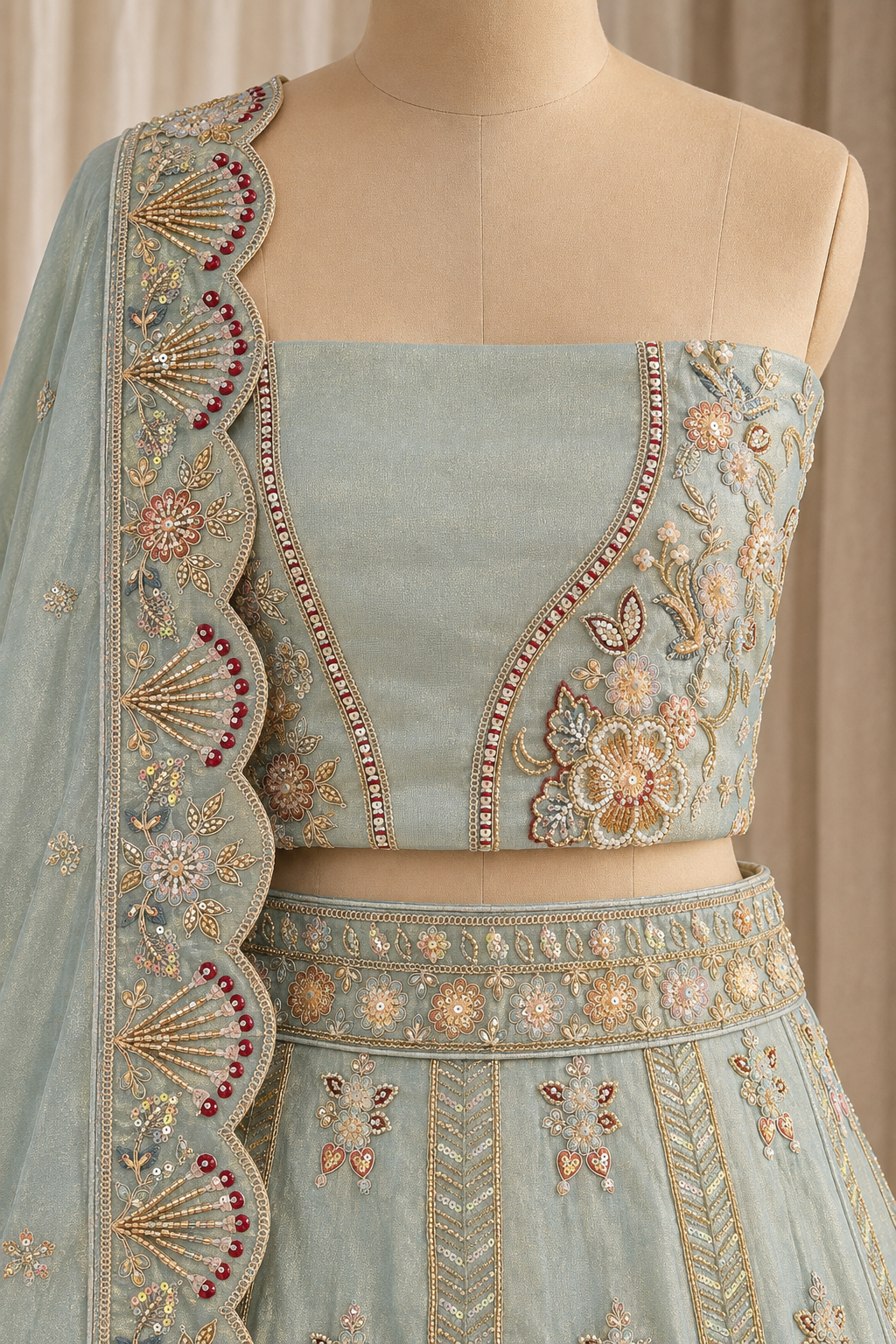 Wonderful Moti Work and Tissue Fabric Pastel Green Color Unstitch Lehenga