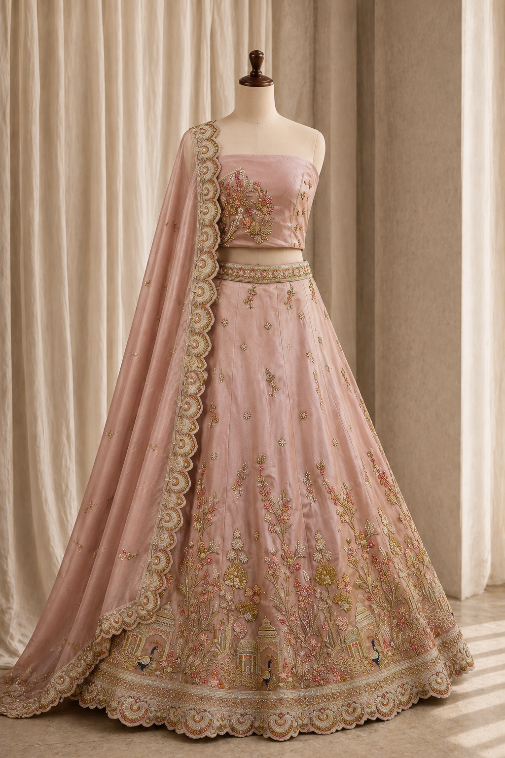 Beautiful Moti Work and Tissue Fabric Mauve Pink Color Unstitch Lehenga