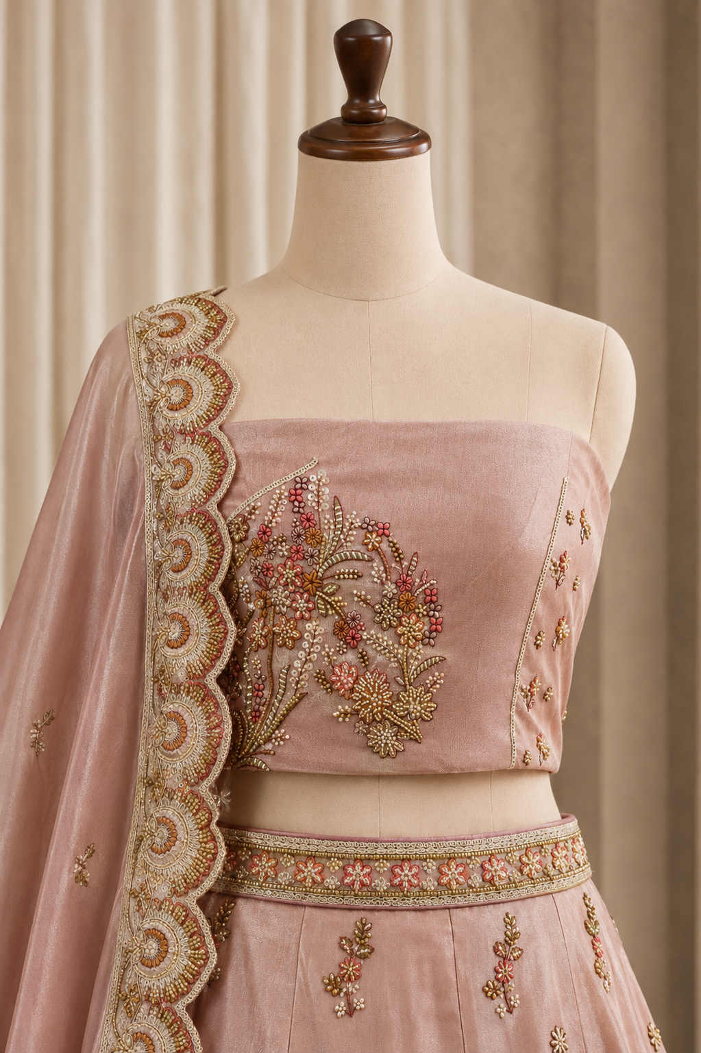Beautiful Moti Work and Tissue Fabric Mauve Pink Color Unstitch Lehenga